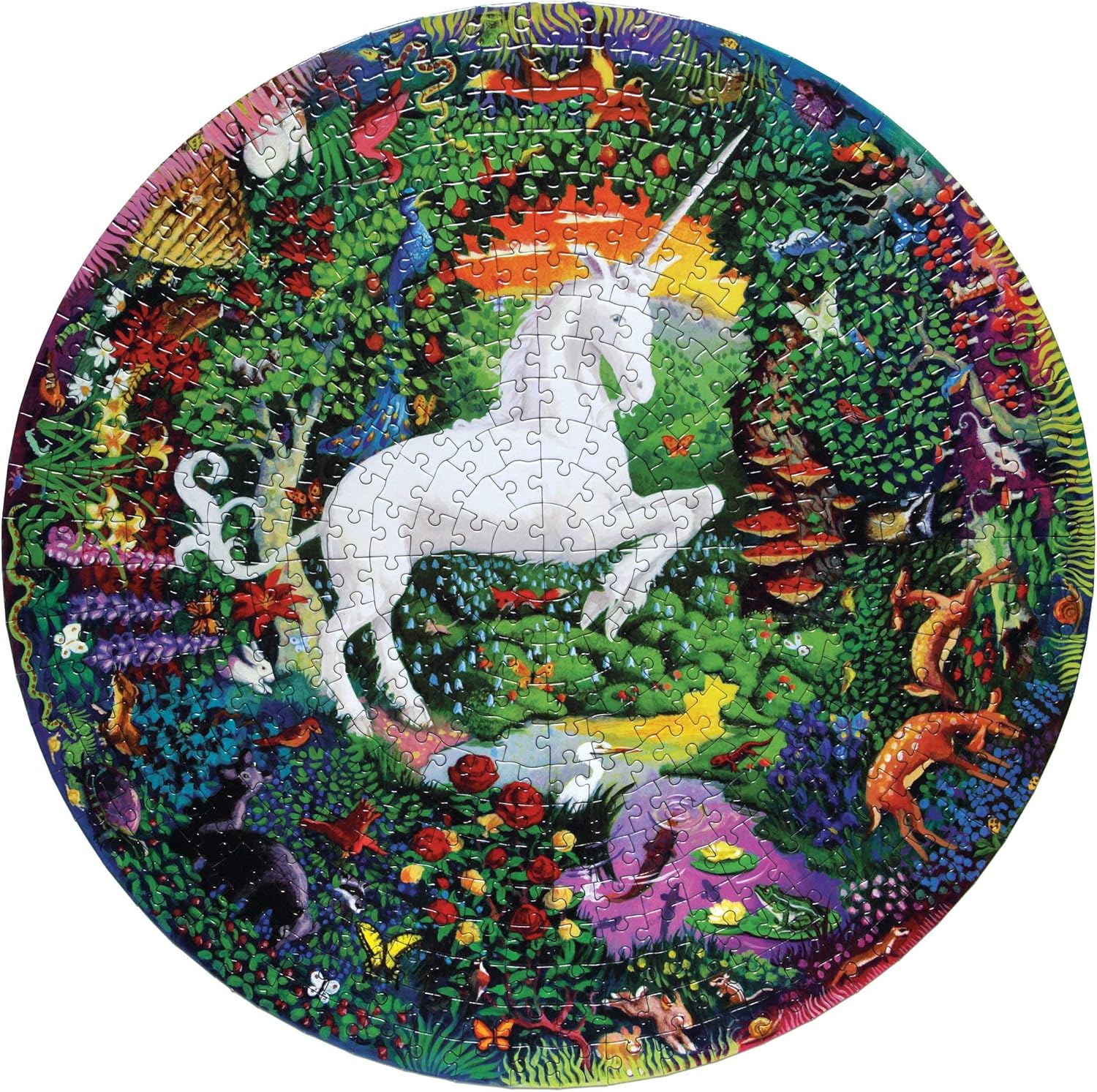 eeBoo 500 Piece Puzzle - Unicorn Garden Jigsaw Puzzle for Adults, Circular with 23" Diameter Made with Recycled Board & Vegetable-Based Ink