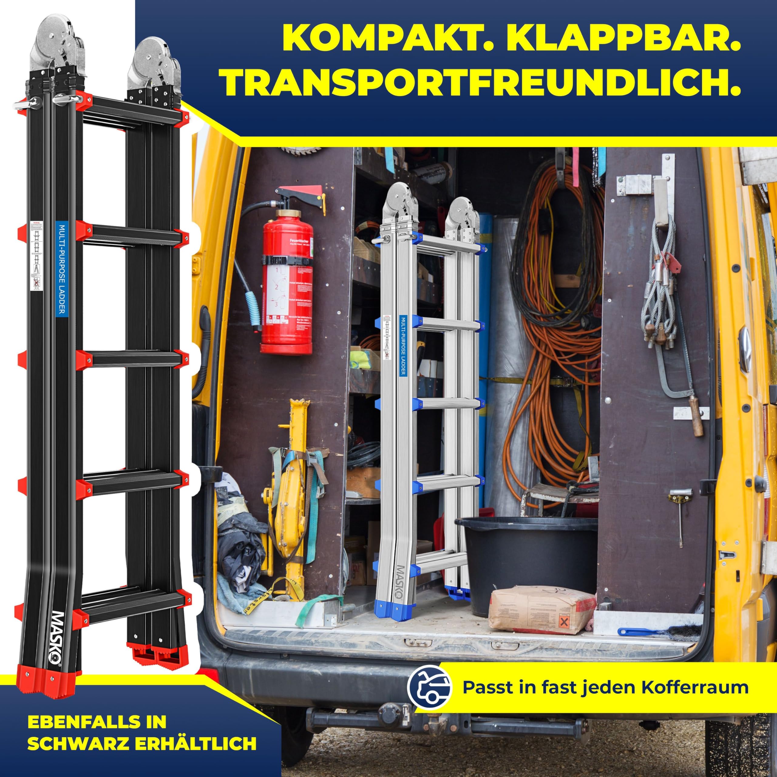 MASKO® Drabina aluminiowa Drabina wielofunkcyjna 5,10m 4x5 szczebli Drabina teleskopowa ✓ Drabina składana ✓ Drabina pojedyncza ✓ Drabina kozłowa ✓ Drabina wysuwana ✓ Drabina dwustronna i schodowa