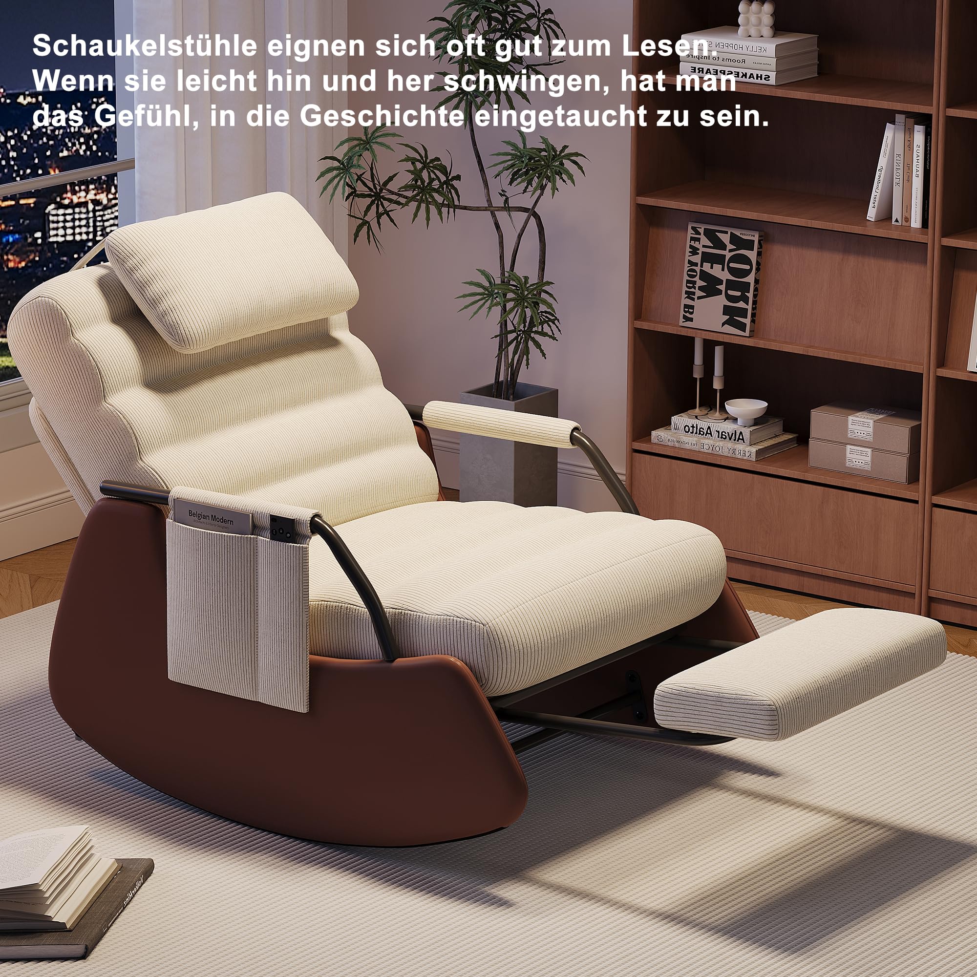 Poltrona dondolo con sgabello, Poltrona oscillante con schienale regolabile in 3 posizioni, Poltrona relax con morbido poggiatesta, Poltrona lounge, Poltrona da lettura per soggiorno, balcone
