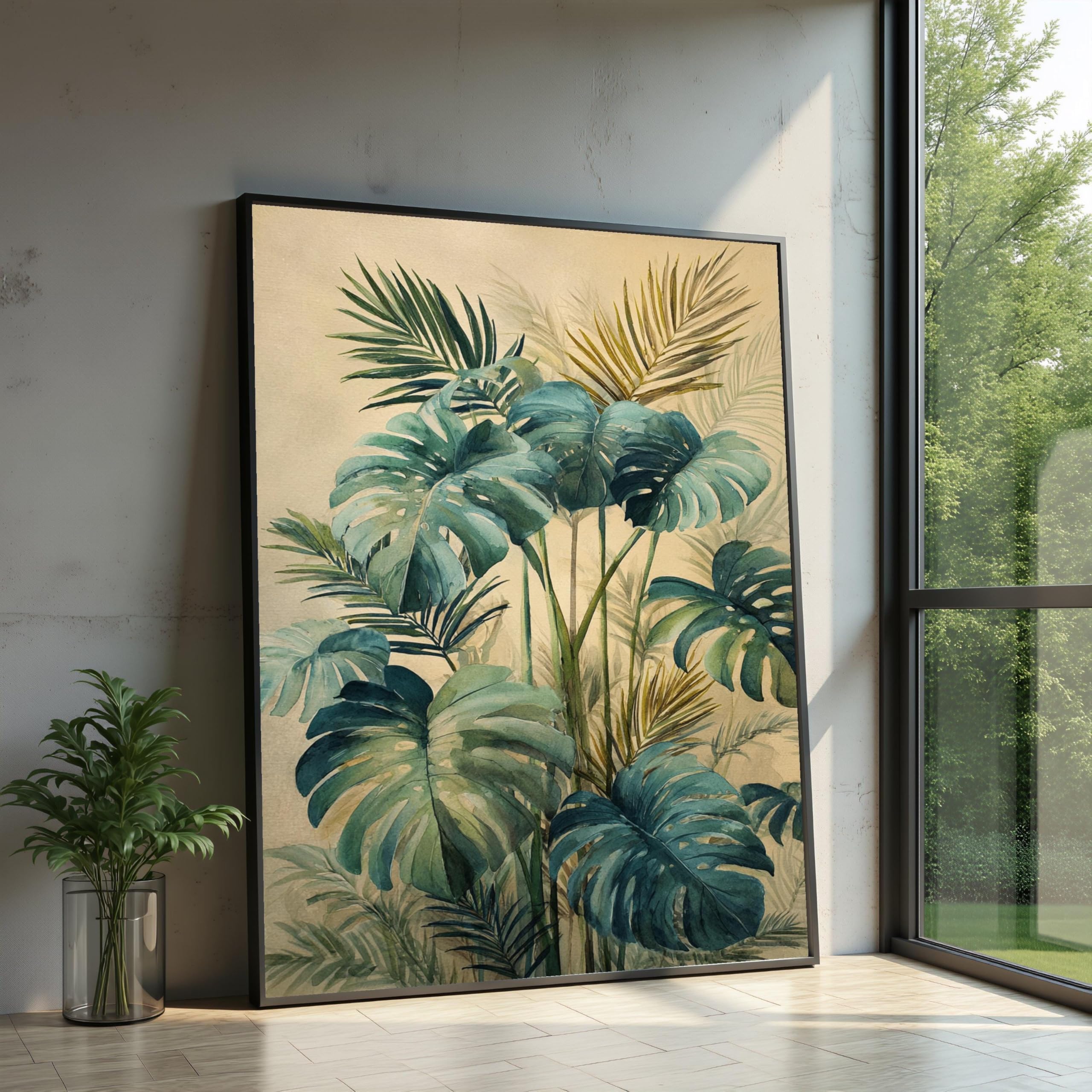 TONGYINLI Tropical Monstera Palm Leaves Canvas Wall Pictures, Large Botanical Wall Art, Green Leaf Posters Print, Nature Home Decor(80x120cm/Frameless)
