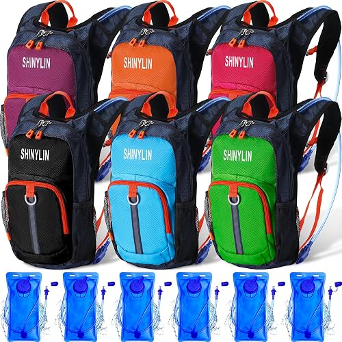 Shinylin 6 Pcs Kids Hydration Backpack with 1.5L Water Bladder Multicolor Kids' Hiking Backpack Hydration Pack Water Rucksack for Boys Girls Cycling Climbing Running