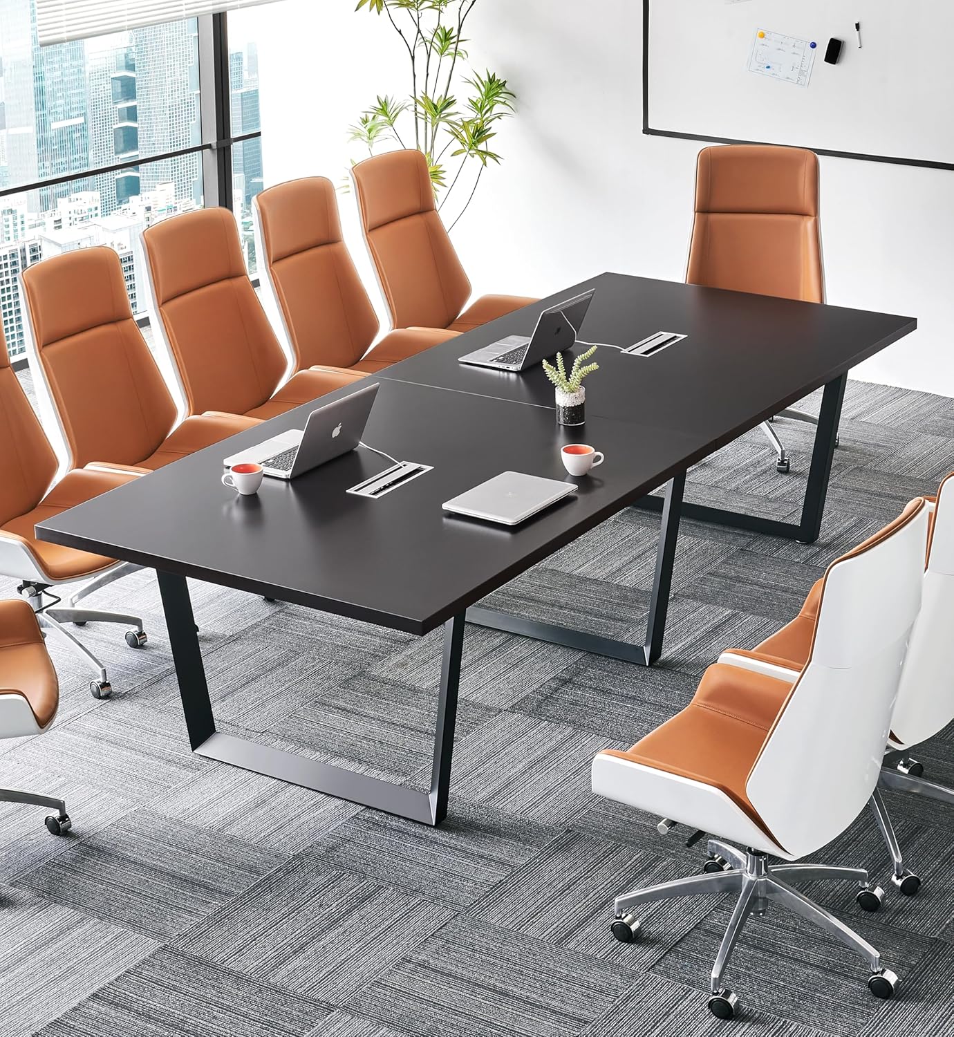 Sturdy Conference Table with Cable Management Grommets Modern Rectangle Office Meeting Table with Wood Tabletop and Metal Frame & Legs- Easy Assembly Boardroom Table (Black, 10 Foot)
