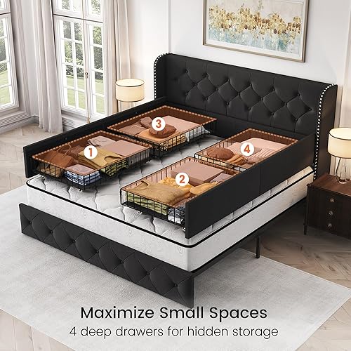 Miniatura 13 de LARMACE - Marco de cama tamaño King con 4 cajones de almacenamiento y cabecera tapizada con botones, cama de plataforma tapizada en lino con