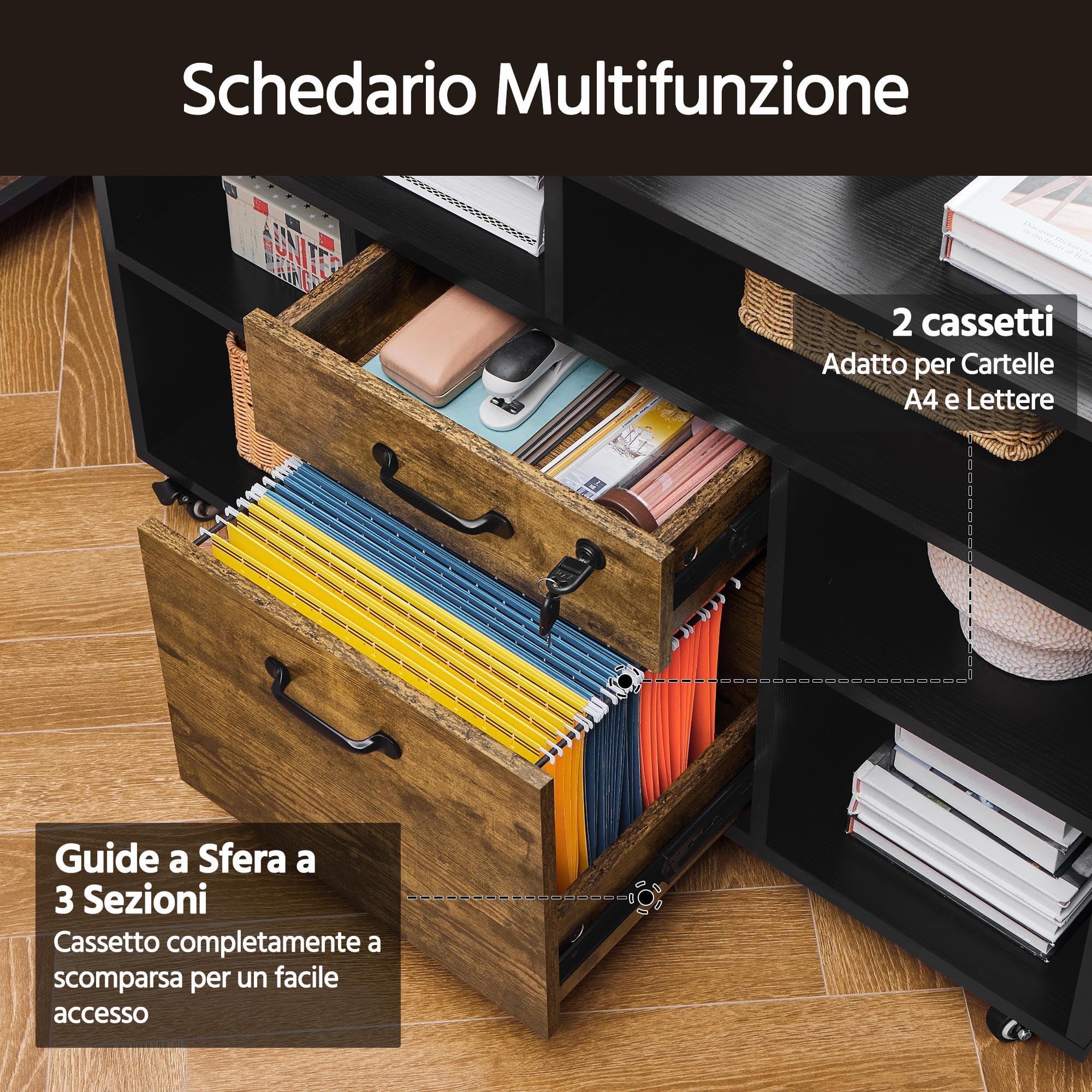 Yaheetech Caisson de Bureau avec 2 Tiroirs et 6 Casiers, Caisson de Rangement à 5 roulettes, Dossier A4 / Lettre Support pour Imprimante, 2 tablettes réglables Domicile Industriel,100×40×66,5 cm