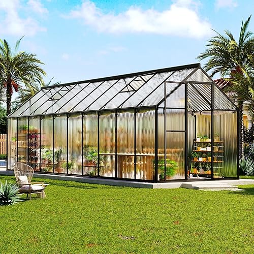 AMERLIFE 6x20 Ft Polycarbonate Greenhouse for Outdoors, Walk-in Design with Aluminum Frame, 2 Windows and Swing Door, Heavy-Duty Greenhouse Construction for Garden, Black