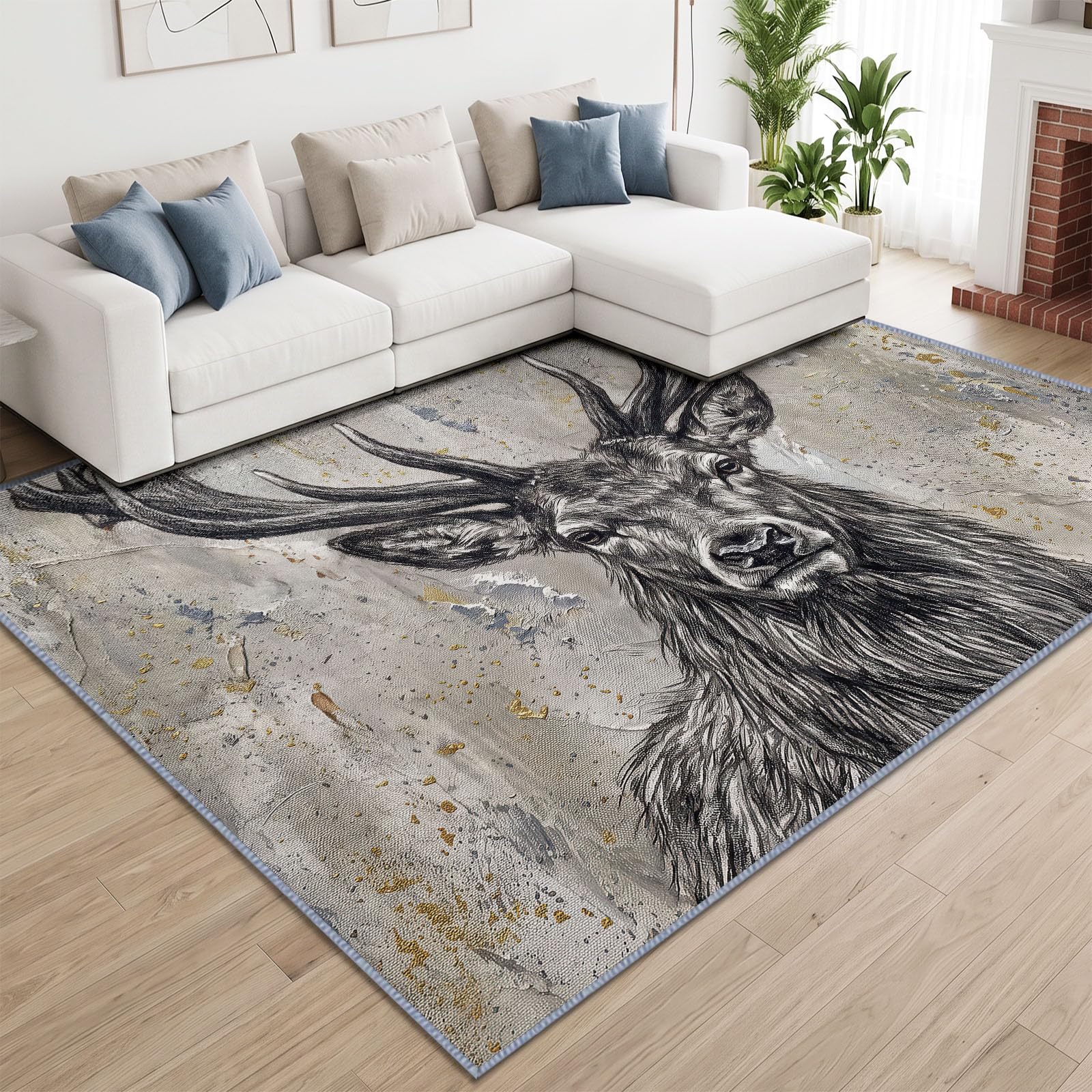 Générique Ręcznie malowany dywan ze zwierzętami salon czarny jeleń, można prać w pralce 180 x 240 cm duży dywan z krótkim włosiem antypoślizgowy miękki dla dorosłych sypialnia jadalnia biuro