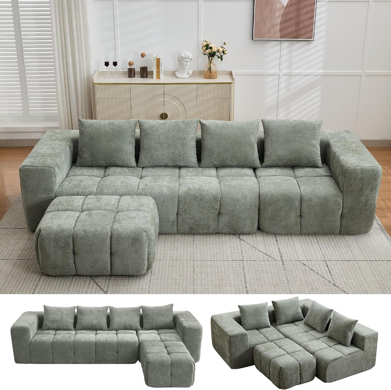 119" Boneless Couch, Cloud Sectional Couch with Deep Seat, High-Density Memory Foam and Chaise, Sectional L Shaped Sofa, Boneless Couches for Living Room, No Assembly Required Tufted Sofa, Green