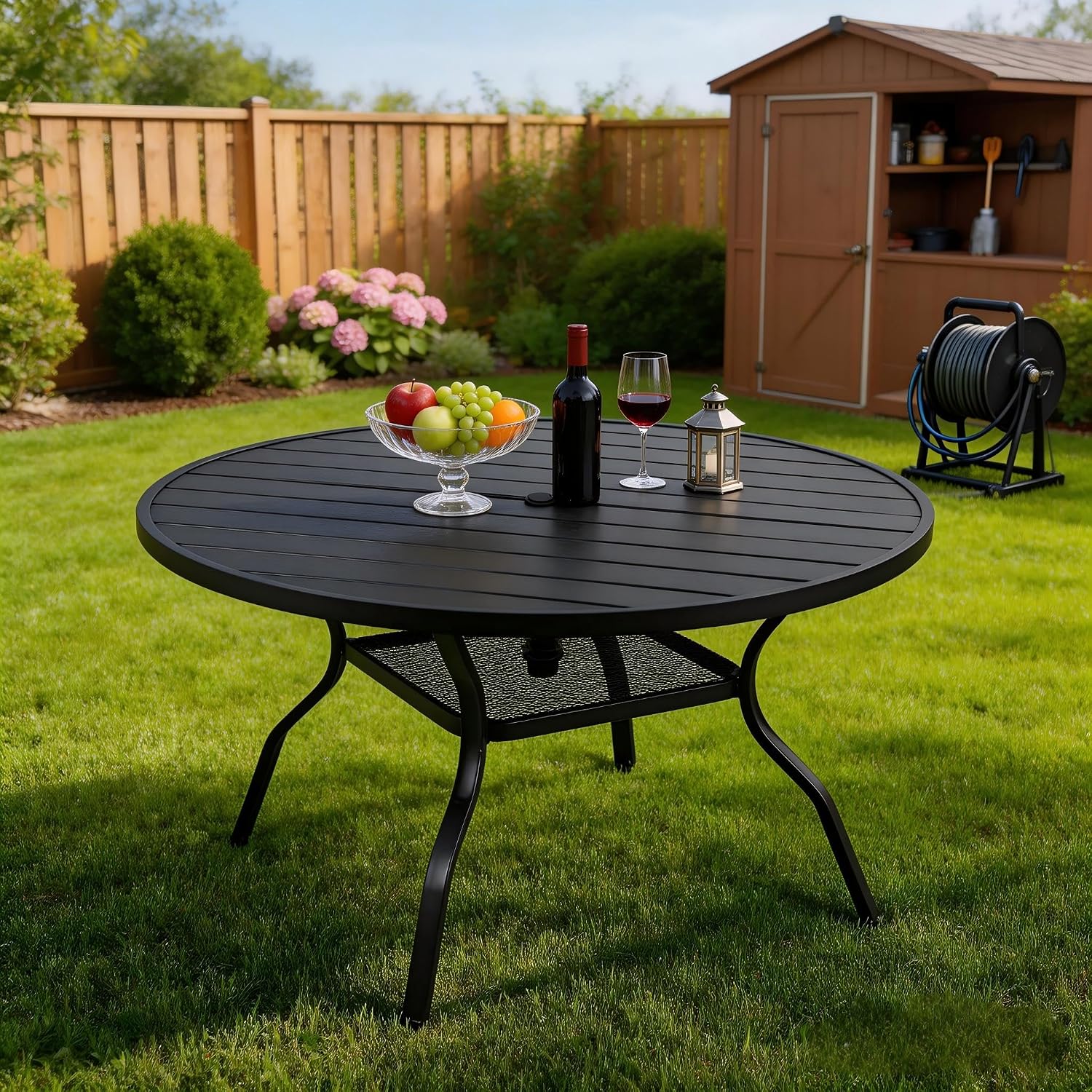 Outdoor Patio Dining Table for 4 People, 37" All-Weather Resistant Metal Square Table with Adjustable Umbrella Hole for Garden Backyard Porch Poolside, Black