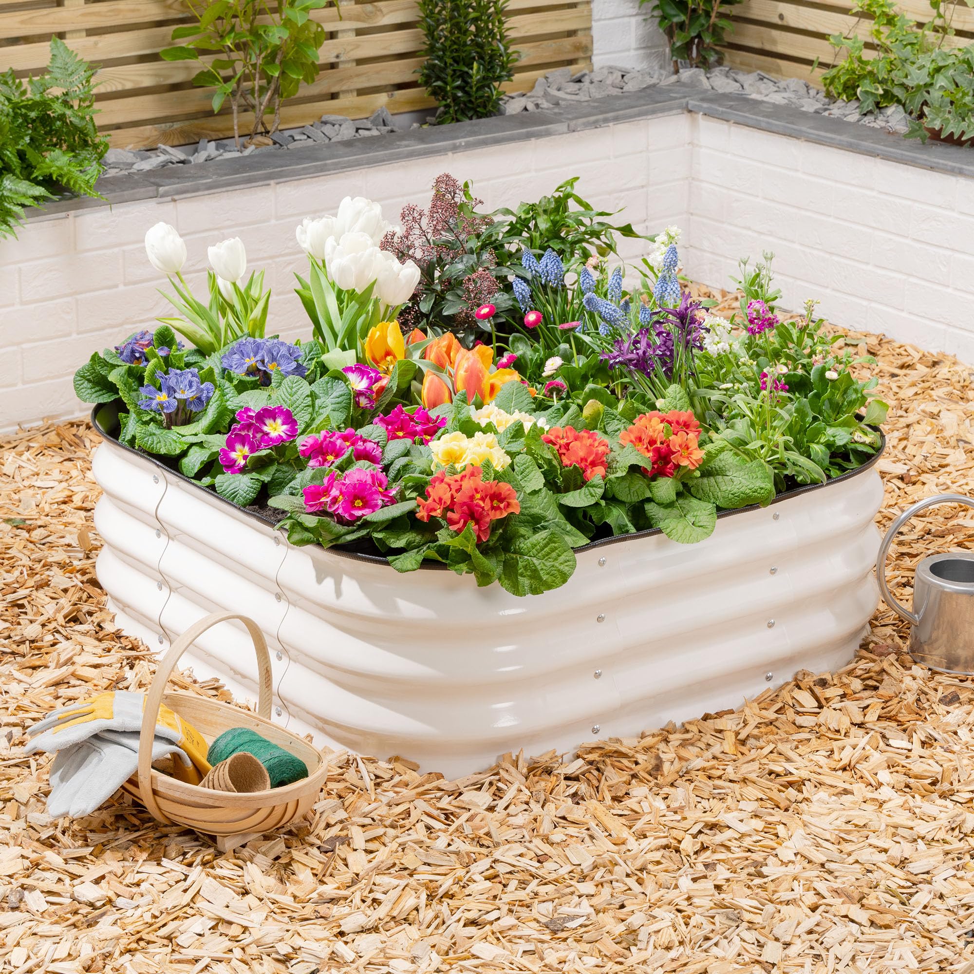 CHRISTOW Square Raised Garden Bed – 90cm x 90cm x 30cm, Cream Galvanised Steel Planter, Open Base for Drainage, Outdoor Grow Bed for Plants, Flowers & Vegetables, Protective Rubber Rim