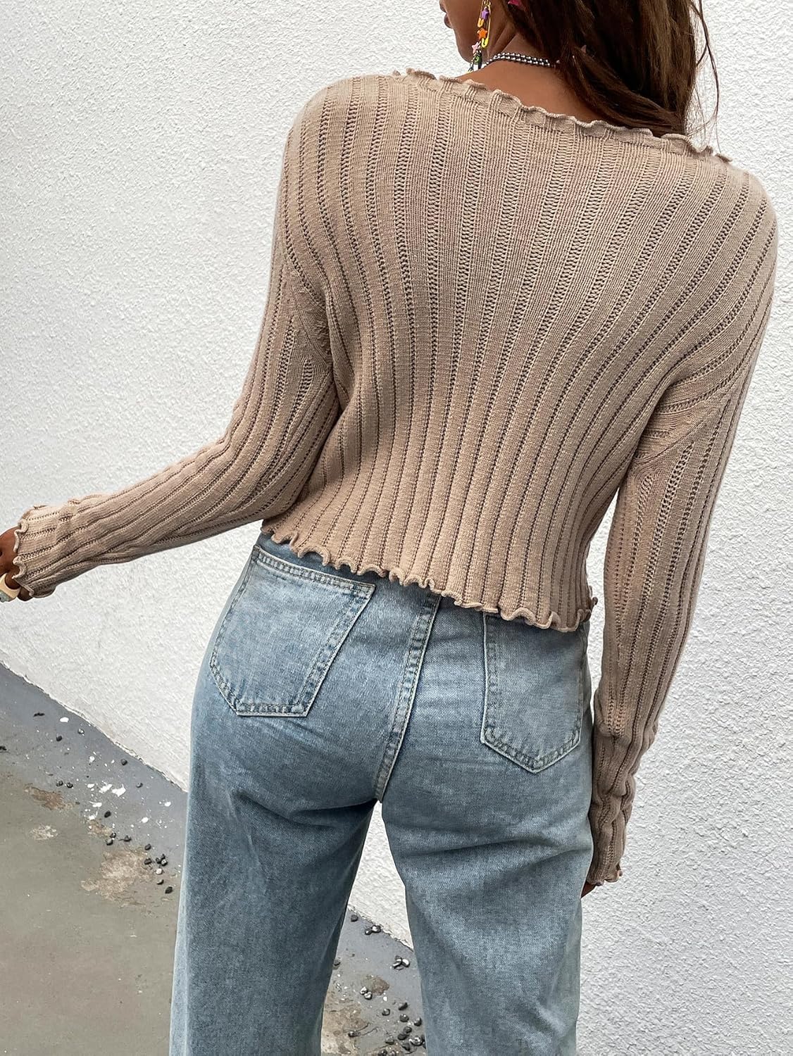 Floerns Women's Cute Early Fall Fashion Tie Front Ruffle V Neck Long Sleeve Crop Cable Knit Cardigan Sweaters 2025 Trendy - Image 2