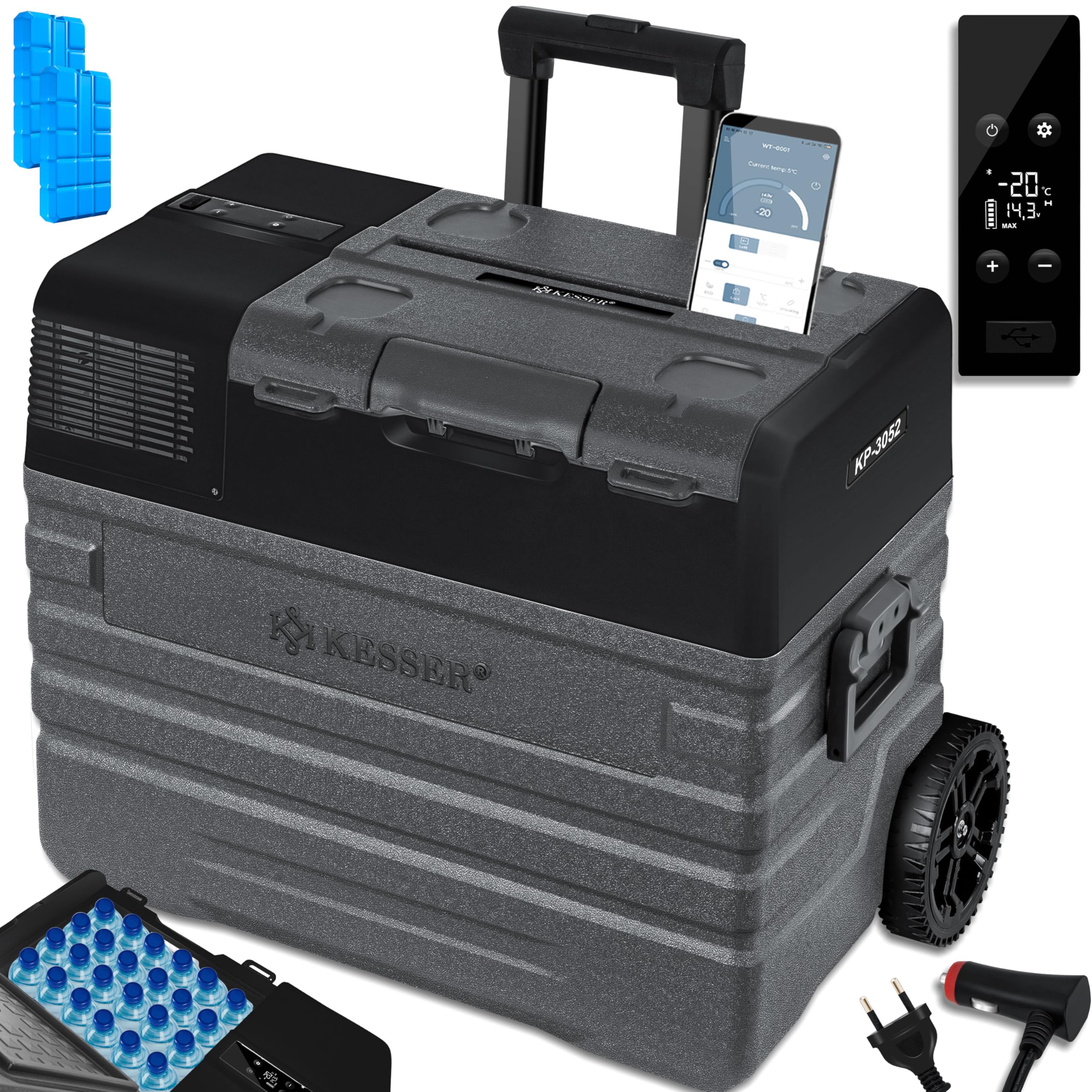 KESSER® Nevera eléctrica portátil de compresor 52 litros, congelador con Control App, conexión USB 12/24 V 230 V, Ruedas de Varilla telescópica, refrigerador hasta -20 °C, Antracita