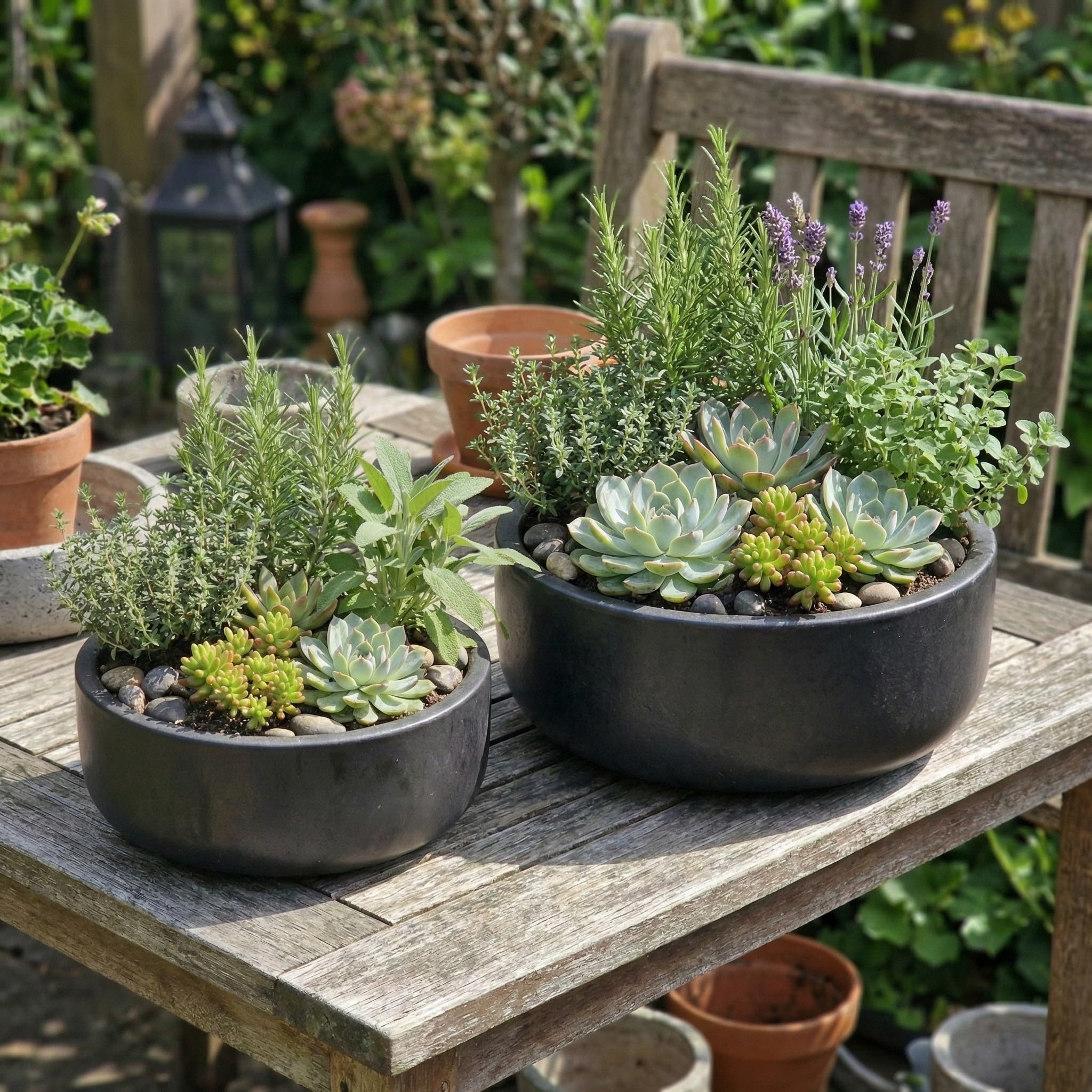 Teramico Pot de fleurs en grès résistant au gel - Fait à la main - Pot de fleurs rond résistant à l'hiver - Avec trou - Résistant aux intempéries, massif et robuste (anthracite, 38 cm x 20 cm)