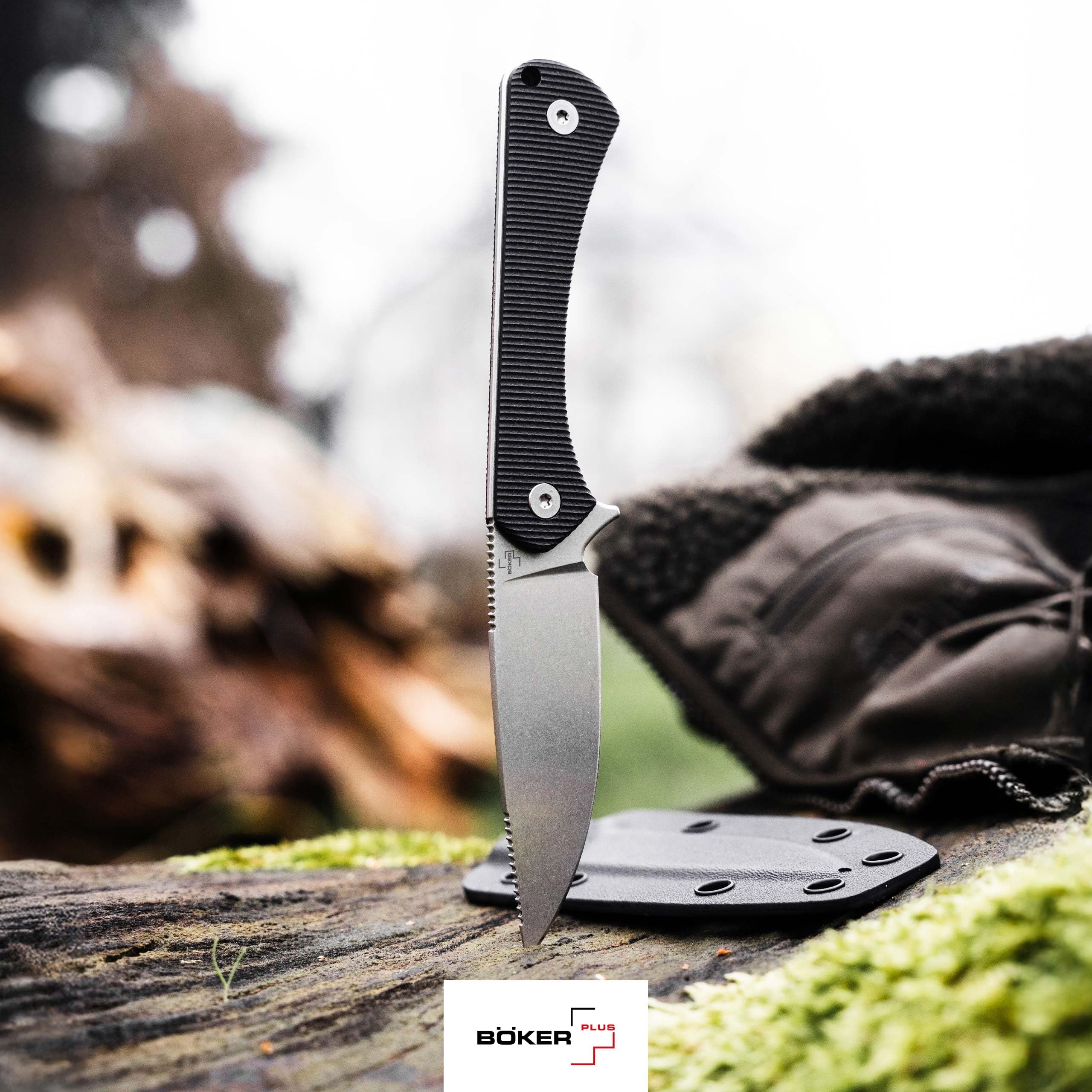BÖKER PLUS® Brasa – EDC Messer mit feststehender Klinge 42a konform – Fulltang Jagdmesser mit G10 Griff schwarz & Kydex-Scheide – leichtes Backup Gürtelmesser mit 7,2 cm Droppoint Klinge