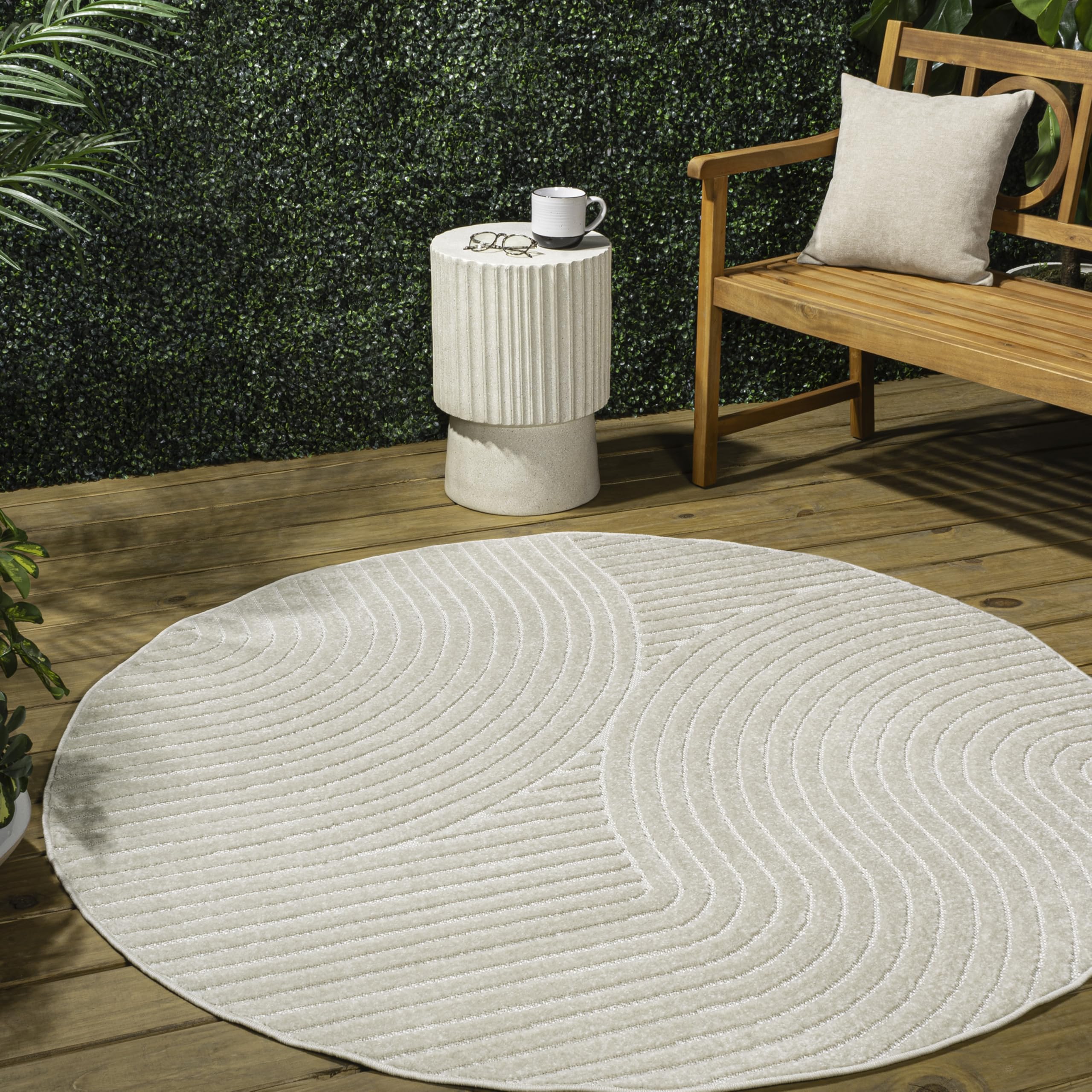 jonathan y hallie high-low curve ivory/cream 6' round indoor/outdoor area rug, minimalist, pet friendly, non-shedding, stain resistant, hose-washable for backyard, patio, porch (scn100b-6r)