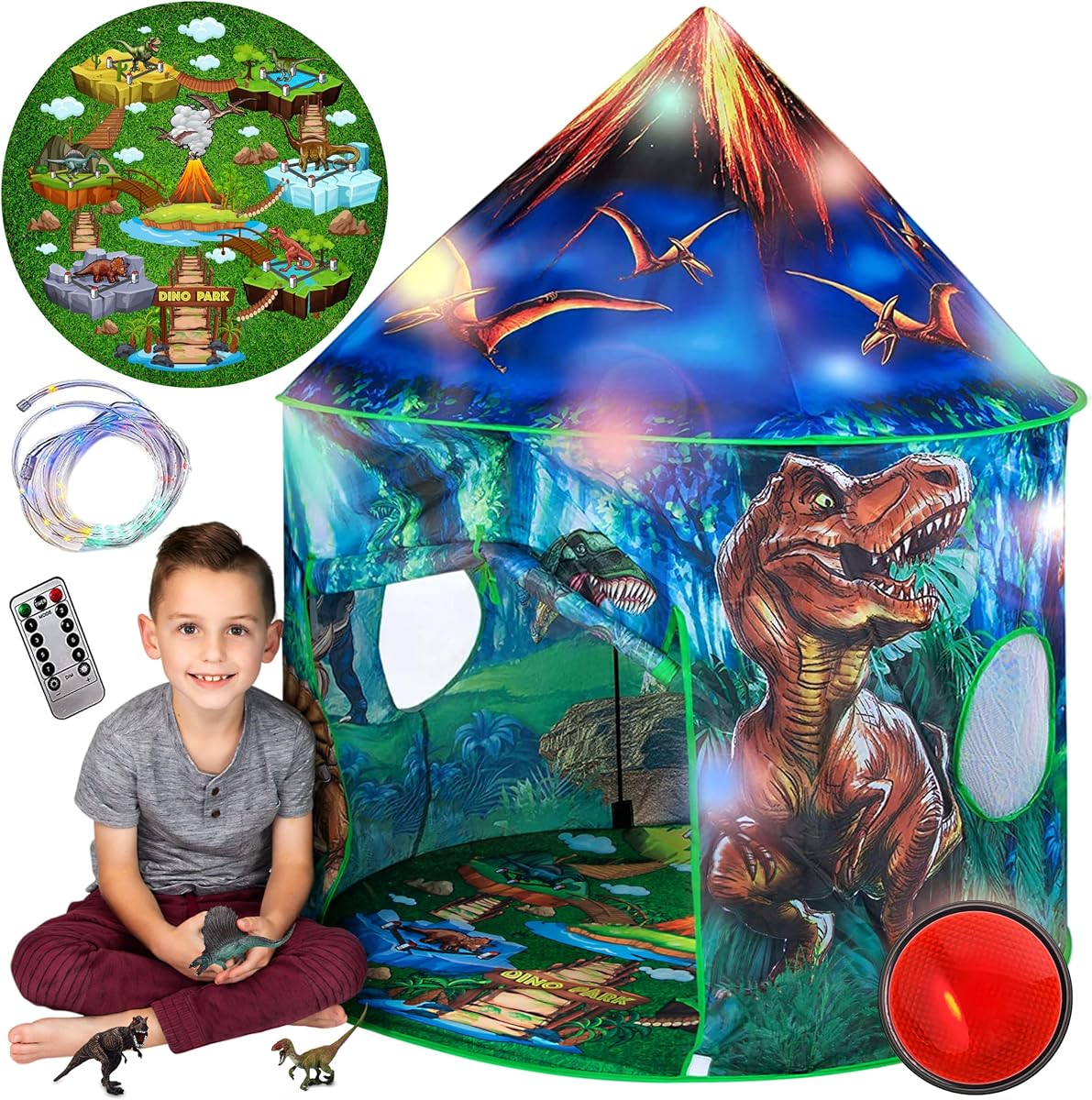 Dinosaur Pop Up Kids’ Play Tent by Toy to Enjoy - Perfect for Indoor & Outdoor. Dinosaur Camping Tent for Toddlers, Boys&Girls. Includes Remote Controlled Lights, Roar Sound Button & 3 Different Toys