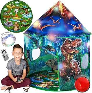 Toy To Enjoy - Tienda de campaña emergente de dinosaurios para niños y niñas, incluye tienda de campaña, luces de control remoto, botón de sonido de rugido de dinosaurio y 6 juguetes diferentes de dinosaurio