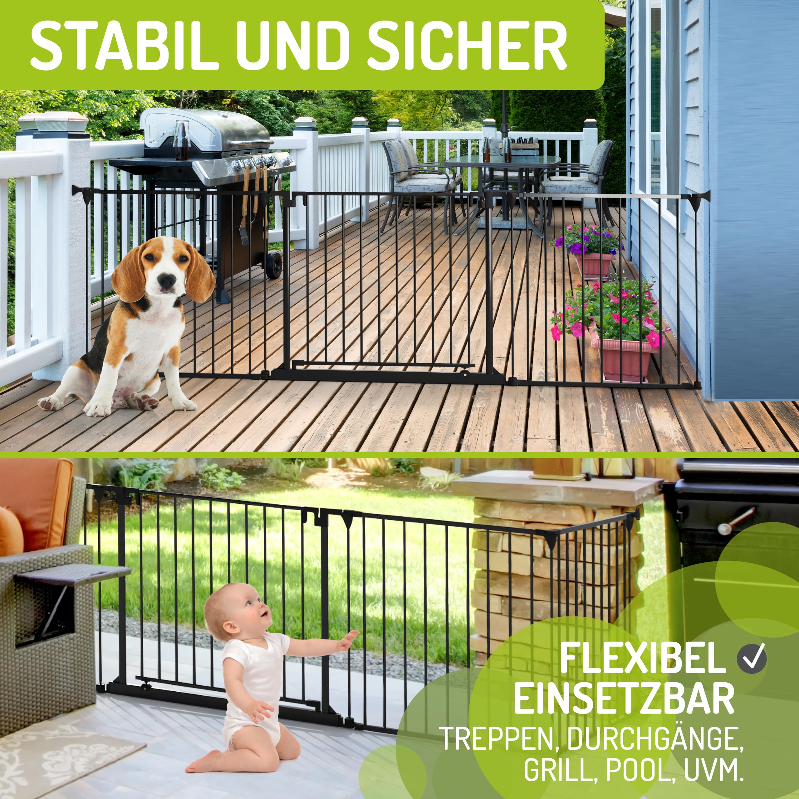 BOMI Treppenschutzgitter Milo bis 525 cm | Extrabreite Tür: 75 cm Durchgang | 90° Stop | Schließt automatisch | Über 500cm in Schwarz | Treppenschutzgitter Türgitter Klemmgitter