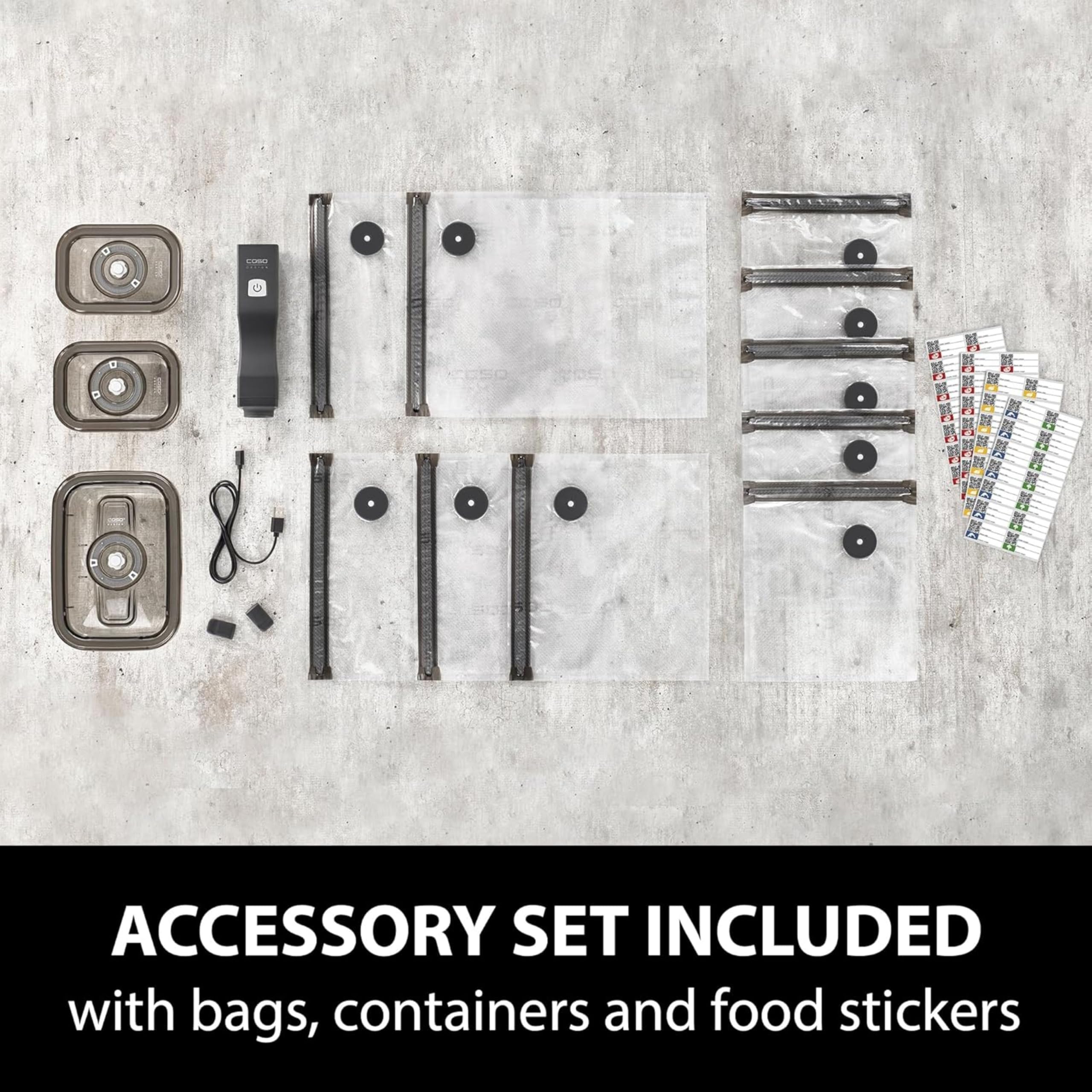 CASO Vacu OneTouch Eco-Set - Aspirador manual al vacío de Alimentos incluye 3 recipientes de vidrio y 10 bolsas ZIP - con hasta 150 minutos de autonomía - Envasadora al vacío doméstica - negro