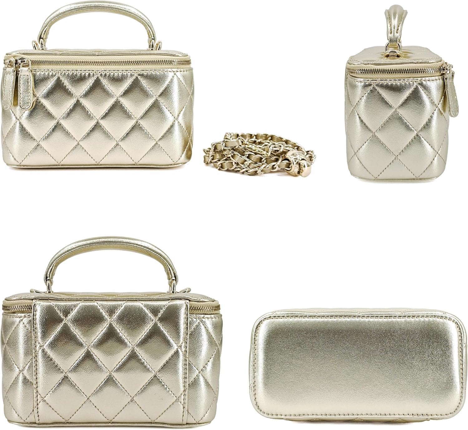 Small Genuine Leather Purse Quilted Crossbody Bag for Women, Mini Top-Handle Shoulder Handbag w/Gold Chain Strap - Image 4