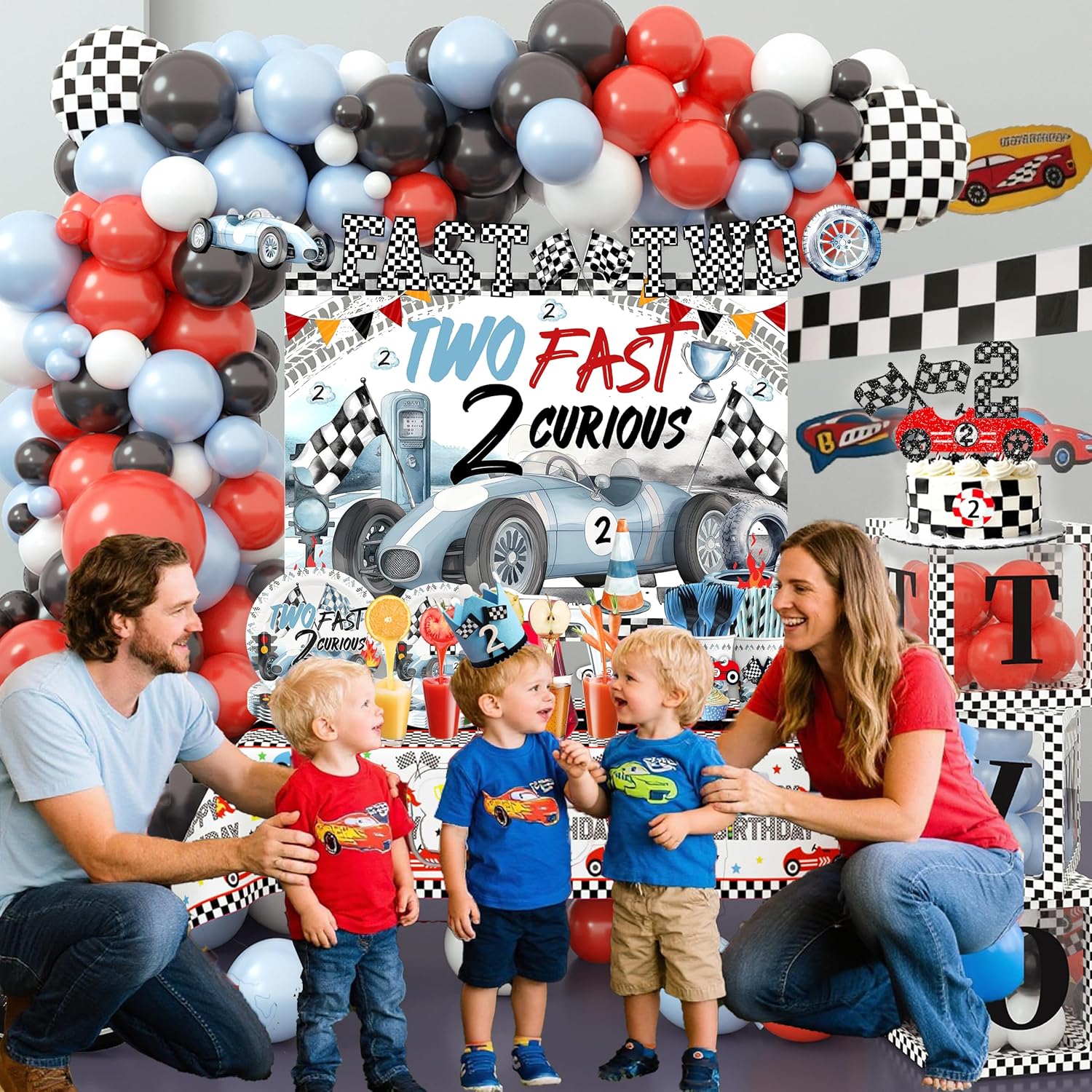 Two Fast Birthday Decorations For Boys 2nd Race Car Theme Party Decor Supplies for Baby Party Supplies include Photo Banner Highchair Banner Crown Balloon Boxes Backdrop Tableware Set