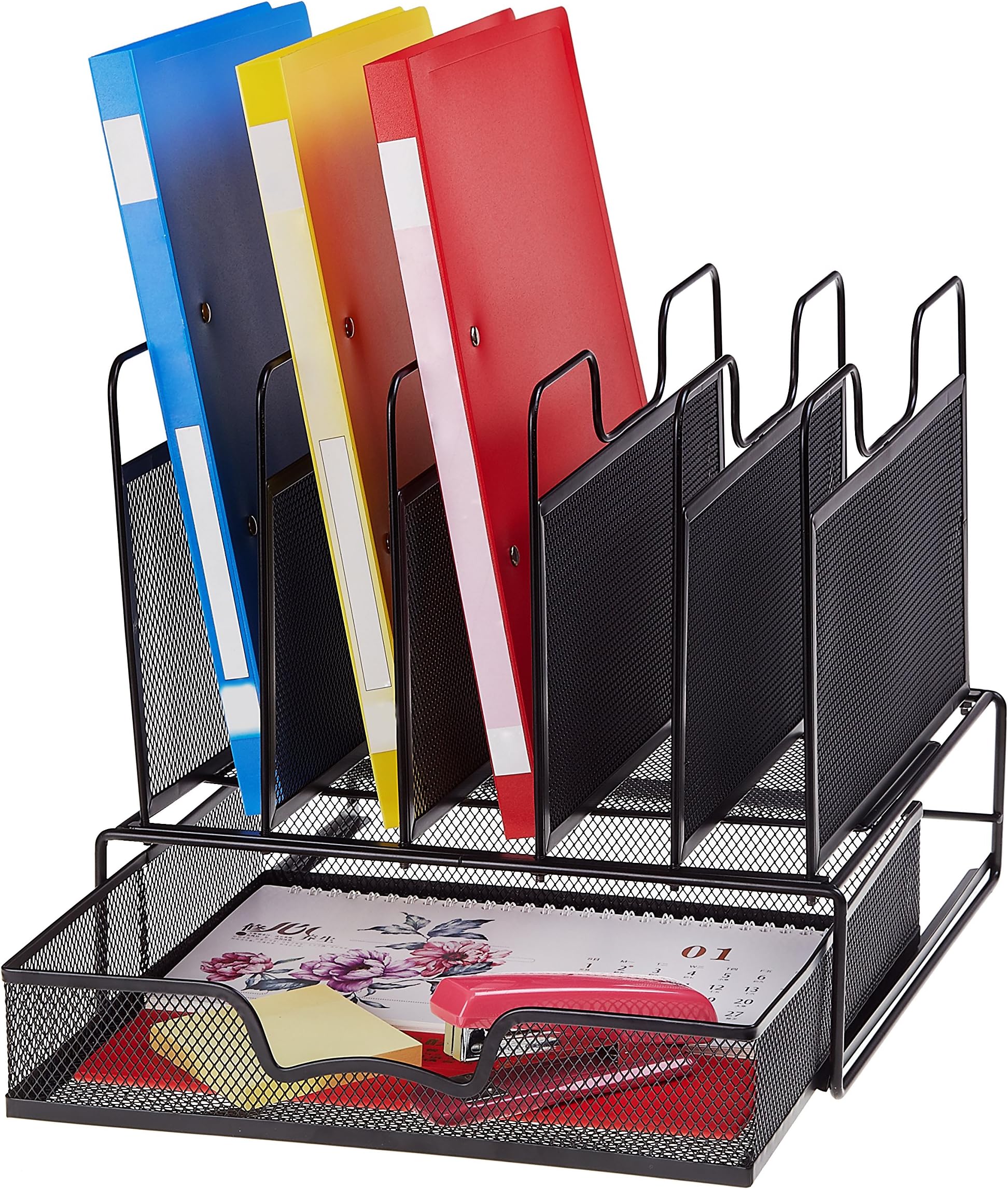 ProAid Office Mesh Desktop Organizer with 5 Vertical Sections, Desk File Organizer with 1 Drawer, Suitable for Organizing Files, Magazines, A4 Papers and Desk Accessories, Black