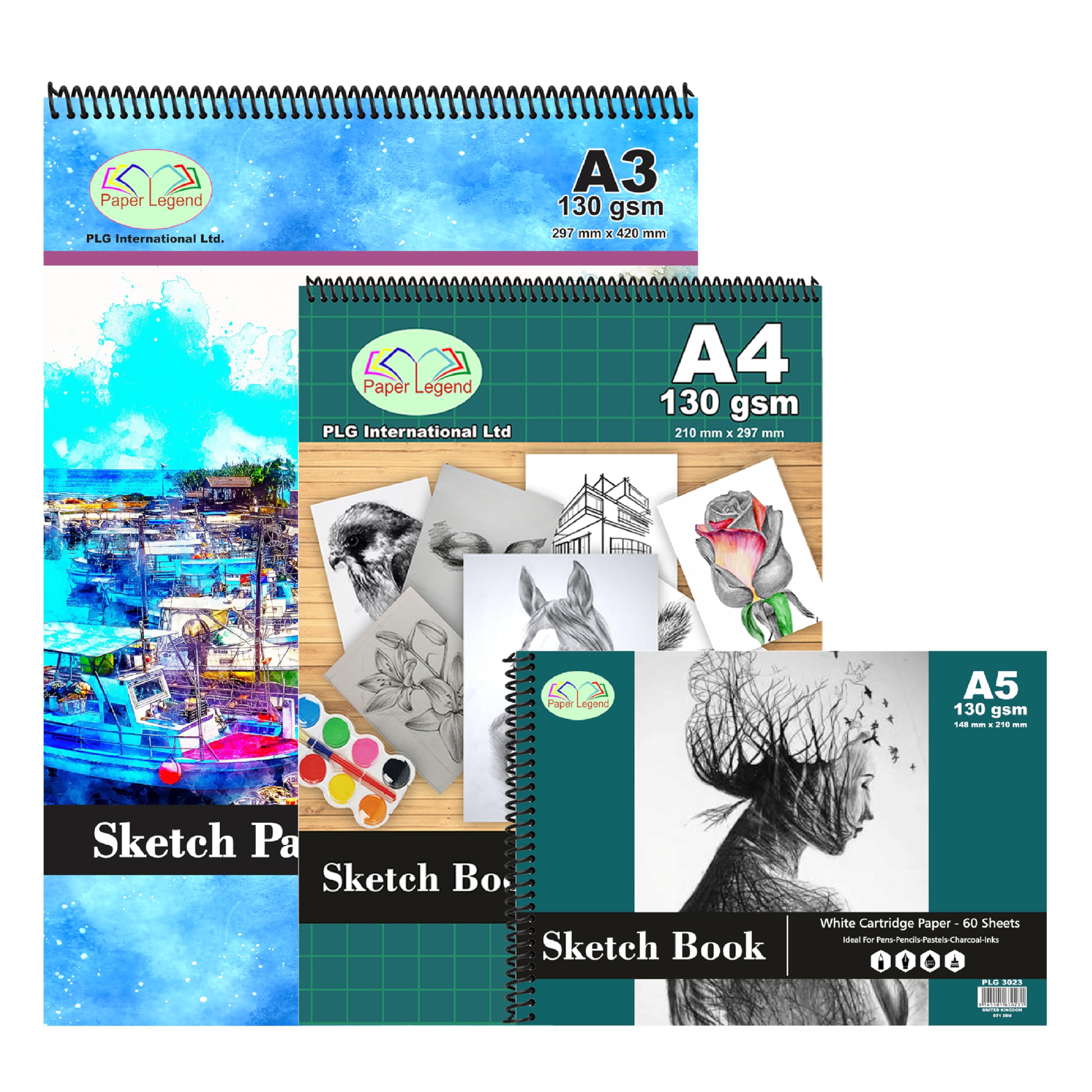 Set of A3, A4, A5 Sketch Pads Spiral Book 130 GSM Cartridge Paper Drawing Pads Art Book for Artist School Home Activity Acid-Free, White