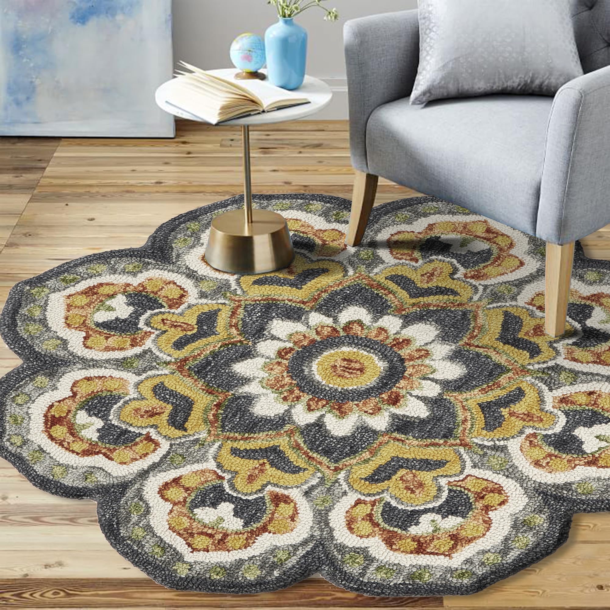 LR Home 4ft Scalloped Round Indoor Wool Area Rug for Home Decor | Rugs for Living Room, Bedroom, Playroom, Entryway, Office | Handmade Modern Farmhouse Boho Area Rug for Room Decor | Gray/Yellow