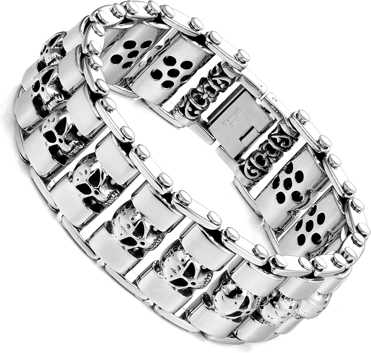 Urban Jewelry Men’s Stainless Steel Skull Bracelet Collection – Gothic & Biker Styles, 8.5–9" Length, Skull Head & Foxtail Chains, Scratch‑Resistant, Gift Box