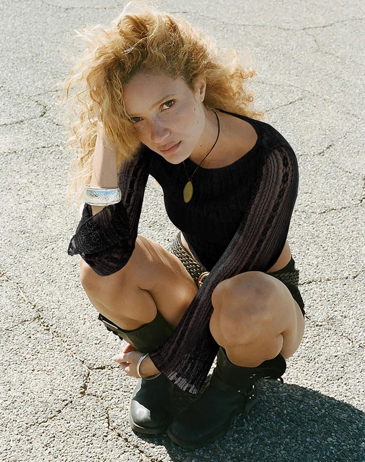 REORIA Women's Lace Mesh Boat Neck Bell Long Sleeve Tops Y2k Going Out Asymmetrical Tops 2025 Fall Fashion - Image 3