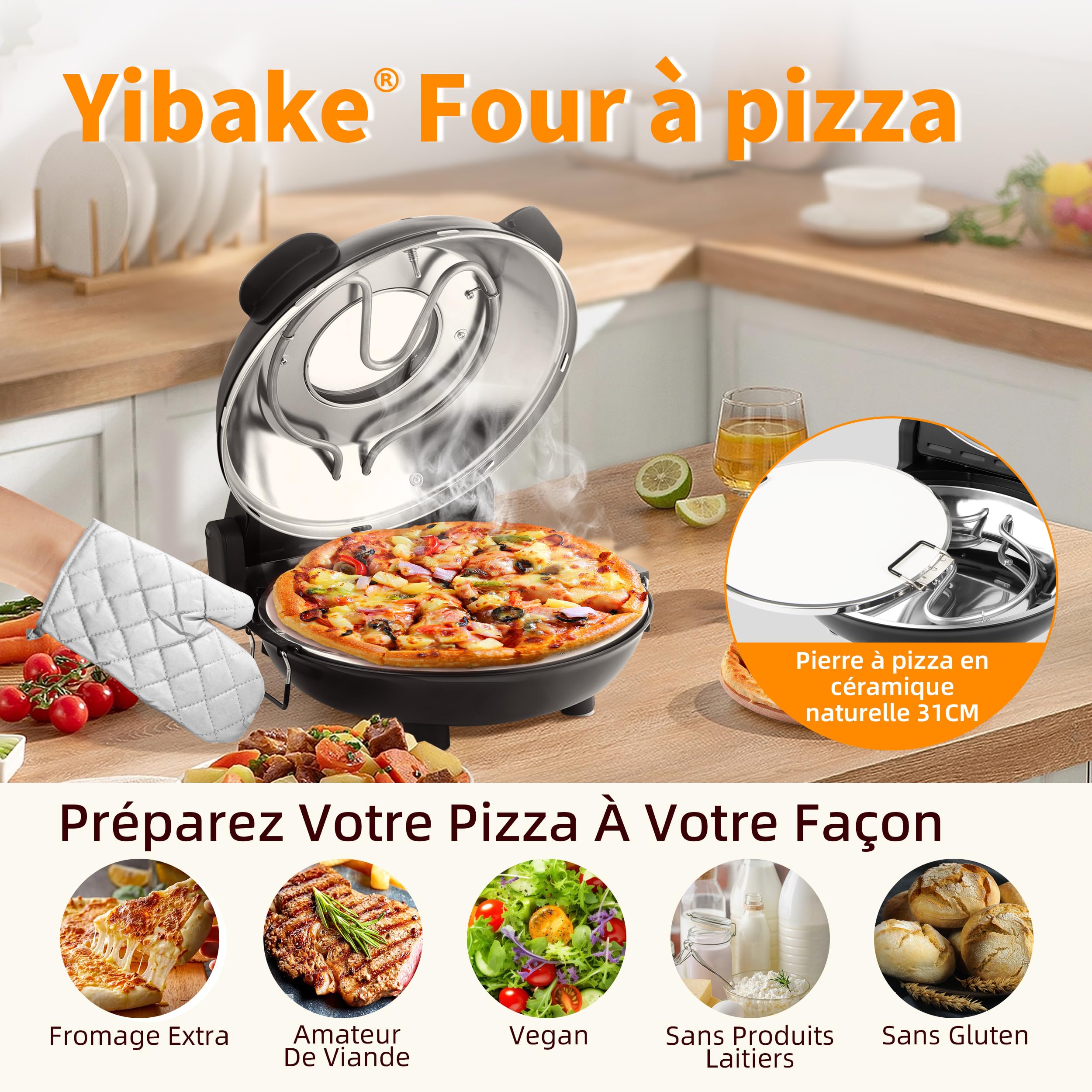 Four à Pizza Électrique, Cuit une Pizza en 4 minutes, Plaque en Pierre Réfractaire de 31cm, Max 420°C Four a Pizza, 1200W, Pelle à Pizza, Grattoir et Recettes inclus, Noir