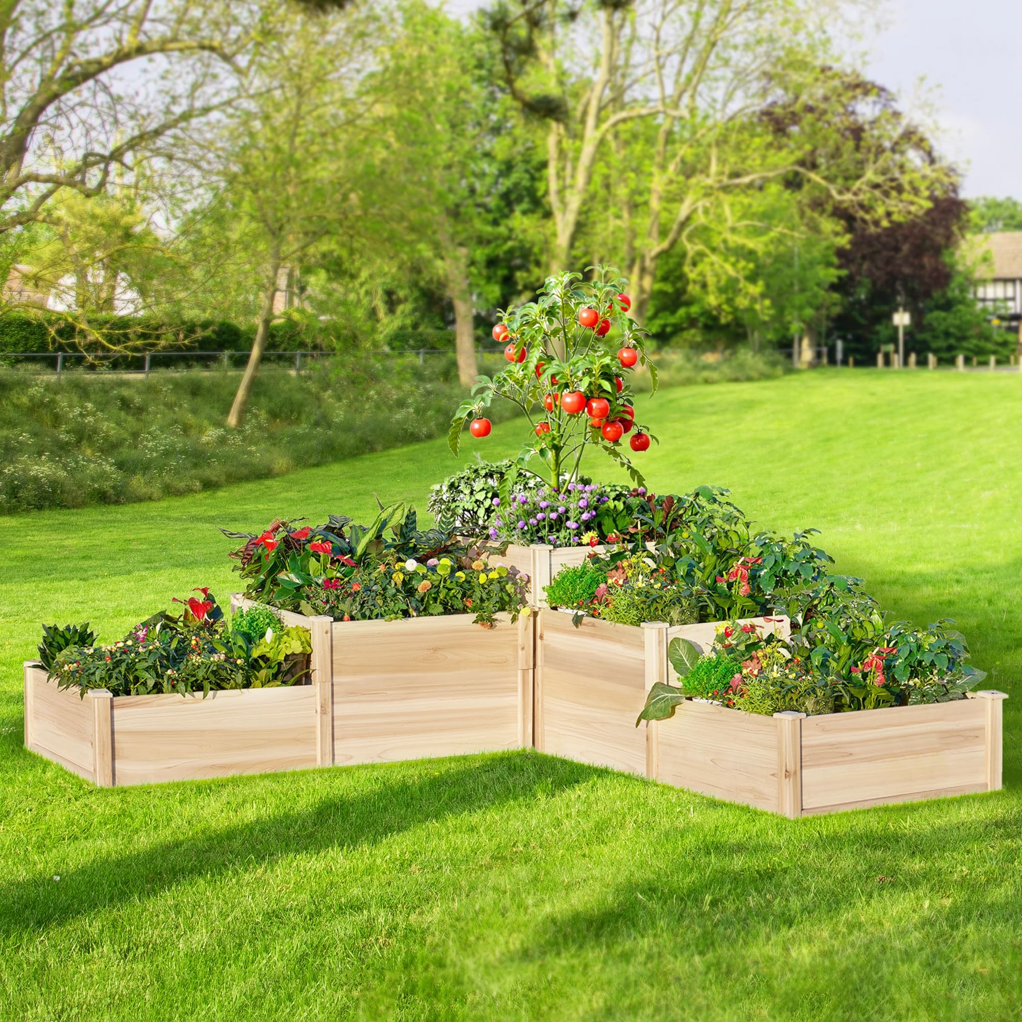 Amerlife Raised Garden Bed Outdoor Gardening, 28 Inch Depth 3-Tier Wood Planter Box with Cedar Leg, Baseboard, Leakage Hole,Easy Assembled, Ideal for Vegetables, Herbs, Flowers