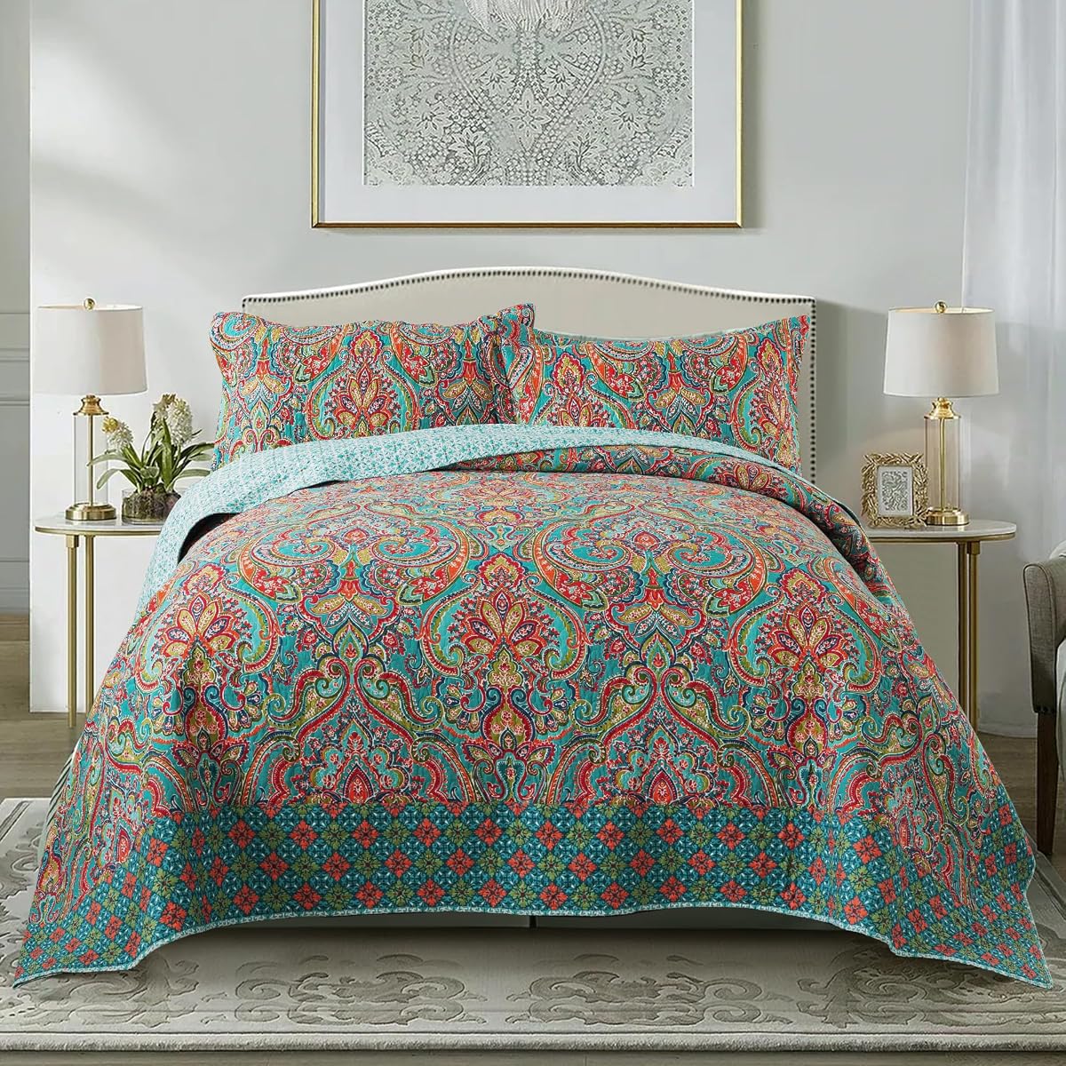 Etwel Lightweight Cotton California King Quilt Set - Breathable Reversible Bedspread for Hot Sleepers, Farmhouse Floral Bedding Set with 2 Pillow Shams for All Season (118"x110", Paisley Teal)