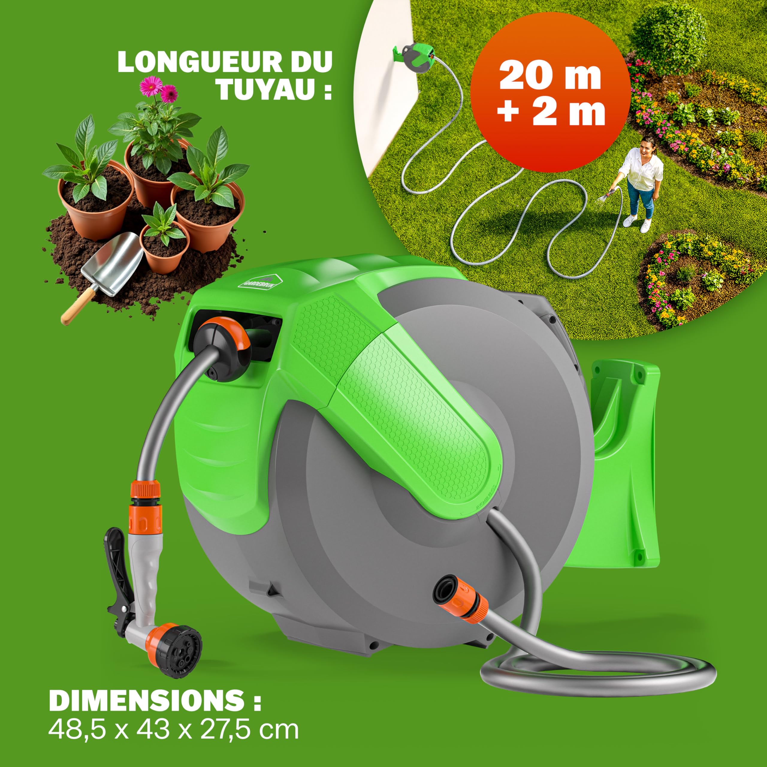GARDEBRUK® Dévidoir enrouleur de tuyau d'arrosage automatique 20m + 2m support mural 1/2' buse multijet 7 fonctions enrouleur arrosage jardin