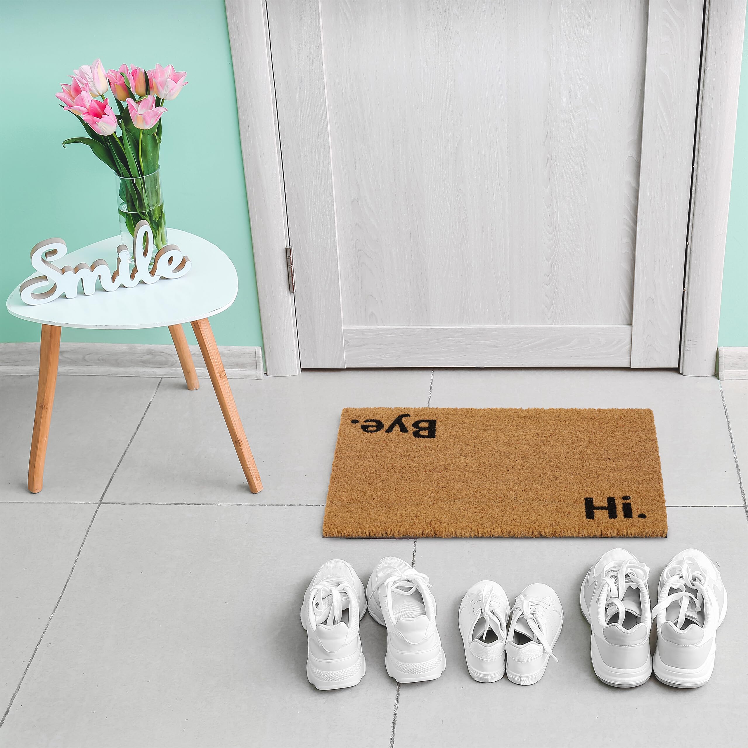 Relaxdays Felpudo de Coco 60 x 40 cm, Mensaje Hi/Bye, Alfombrilla Interior y Exterior, Antideslizante, Natural/Negro