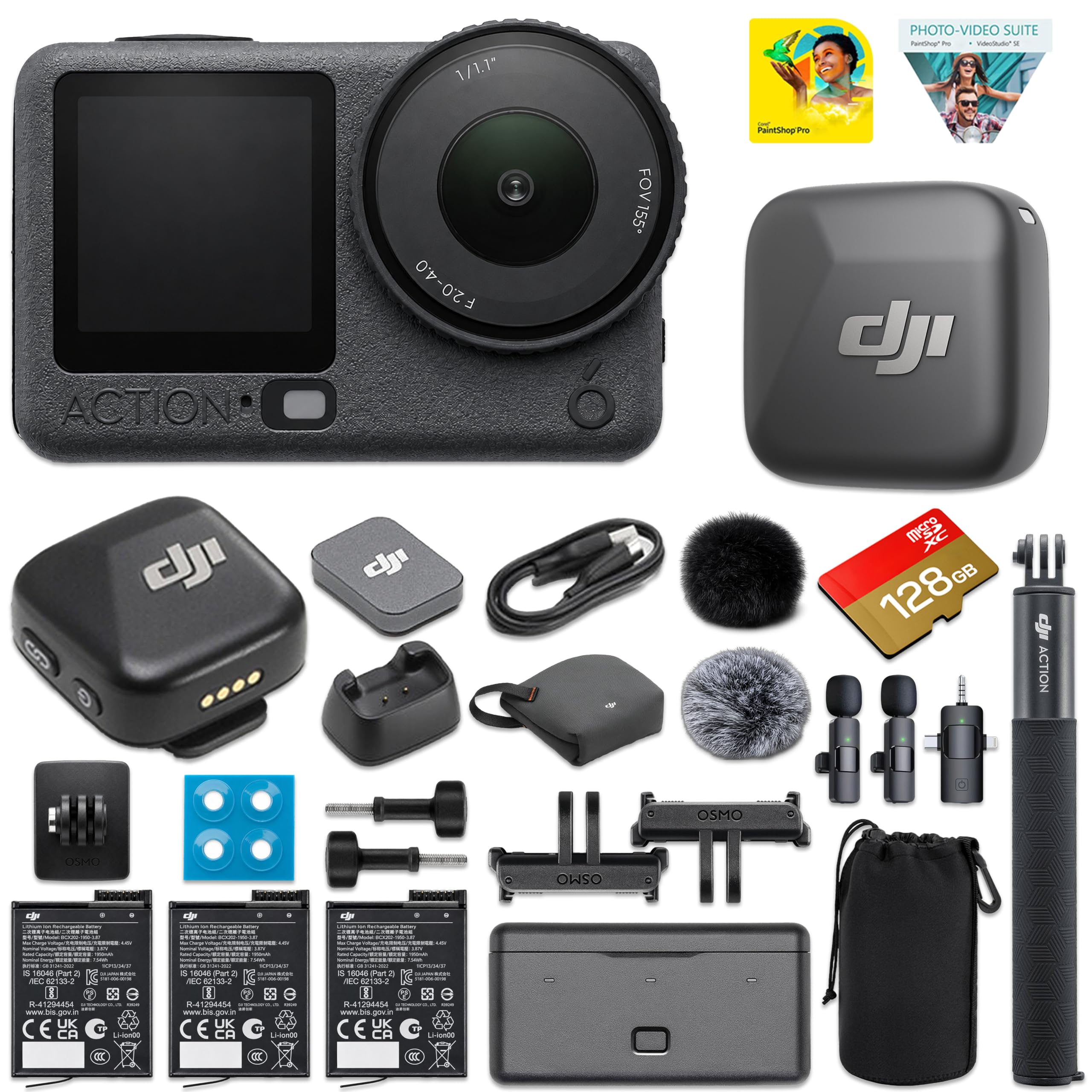 Osmo Action 6 Adventure Combo with DJI Mic Mini Wireless Microphone & 2 Condenser Mics | 8K, 1/1.1" Sensor, Variable Aperture f/2.0-f/4.0, 3 Batteries, 20m Waterproof | 128GB Card + Corel Software
