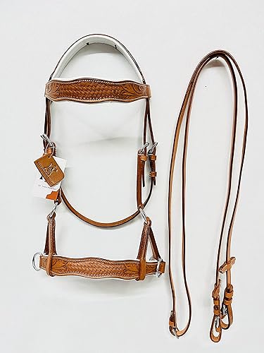 Miniatura 3 de Sidepull - Brida sin mordazas con tallado a mano de diseñador en banda de cejas y banda nasal curvada natural