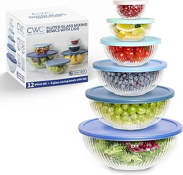 COOK WITH COLOR 12 Pc Glass Mixing Bowl Set with Lids Borosilicate Glass Nesting Bowls for Cooking, Baking and Meal Prep, Fluted Blue