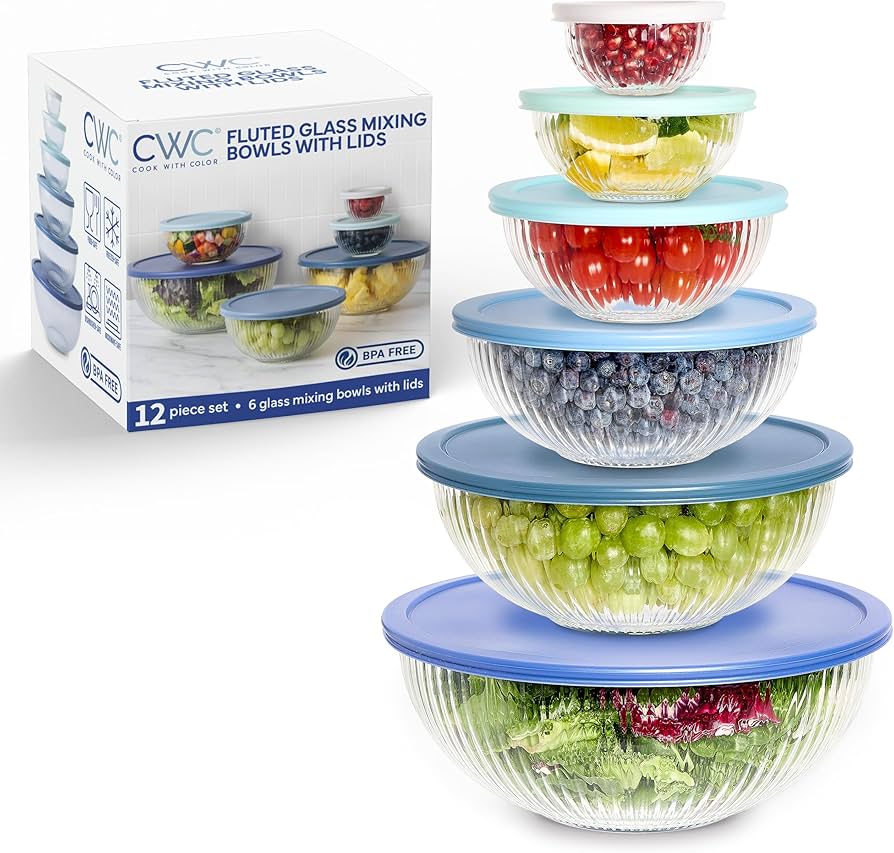 Amazon.com: COOK WITH COLOR 12 Pc Glass Mixing Bowl Set with Lids   Borosilicate Glass Nesting Bowls for Cooking, Baking and Meal Prep, Fluted  Blue: Home & Kitchen