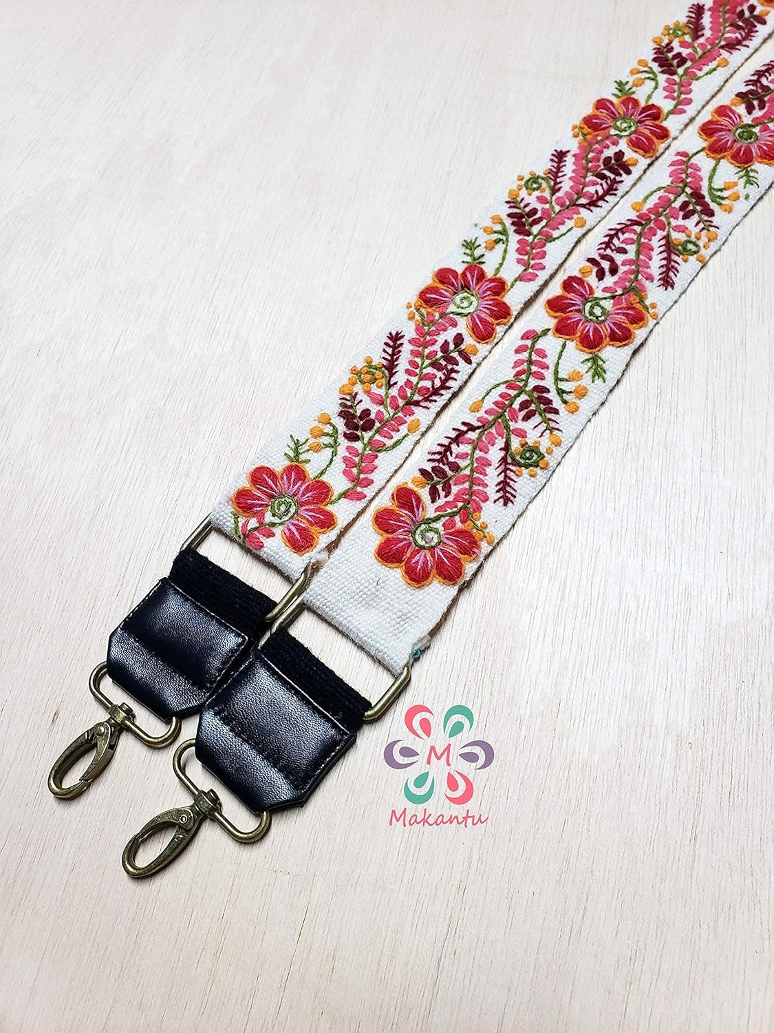 Embroidered bag strap, camera strap, adjustable bag, shoulder bag, peruvian handmade, ivory belt, red flower, ethnic, boho, gift for her