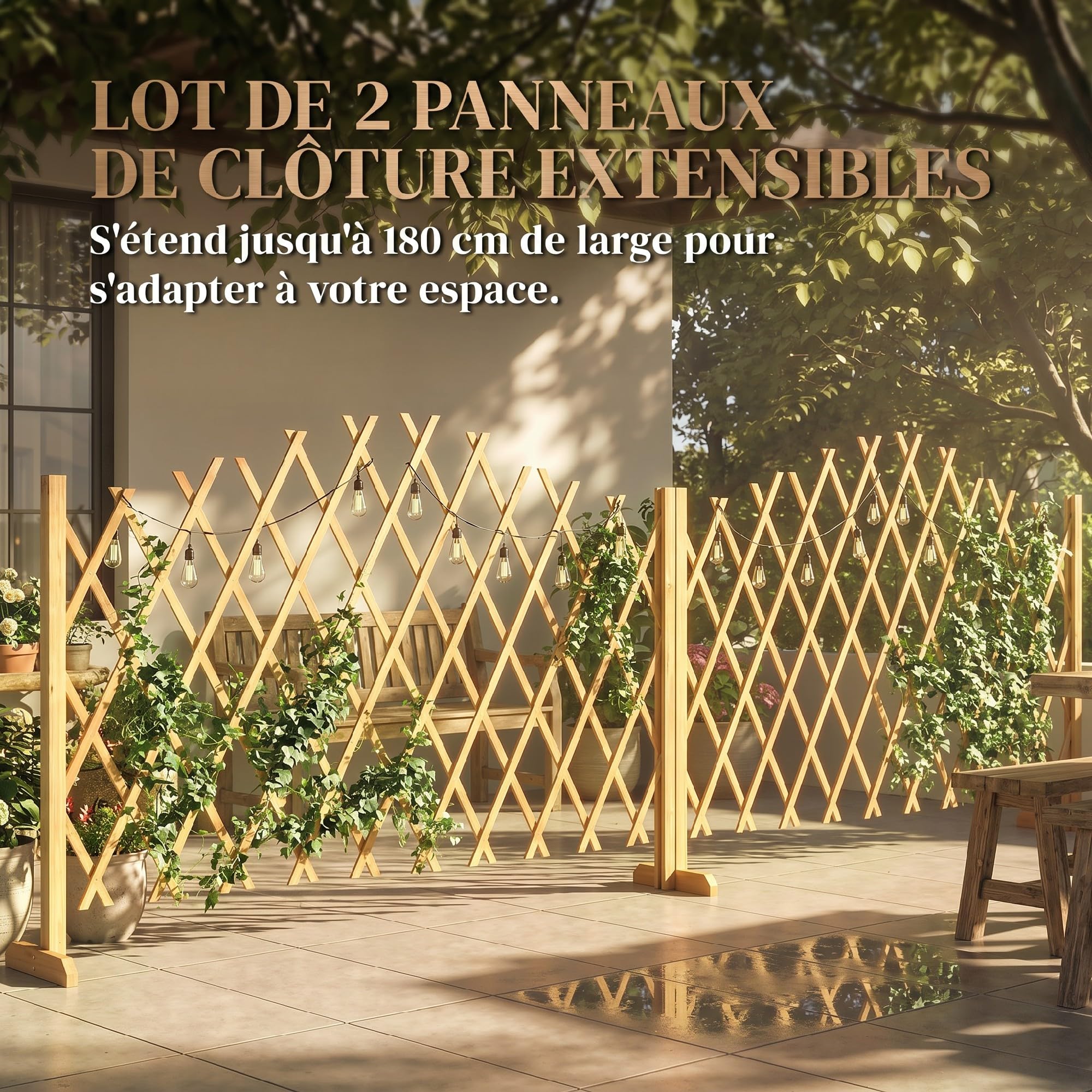 Outsunny Lot 2 Barrieres Extensibles Base Stable Clôture 180 cm Naturel | en Bois de Sapin, Clôture de Jardin, pour Balcon, Intérieur Extérieur
