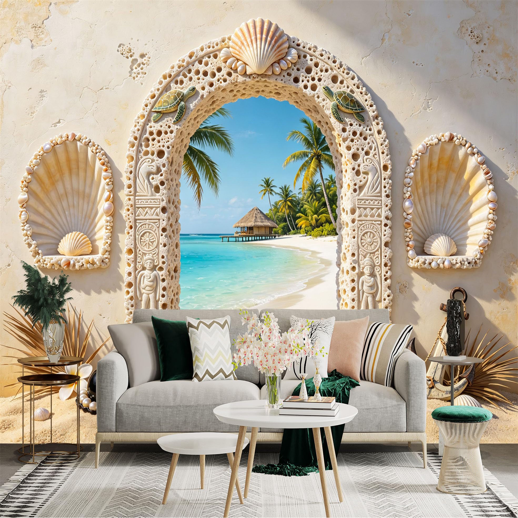 Custom Size Wall Sticker Mural， Tropical Beach Archway， Palm Trees， Ocean View and Seashell Decor， for wall Decoration， peelandstick wall Decals.