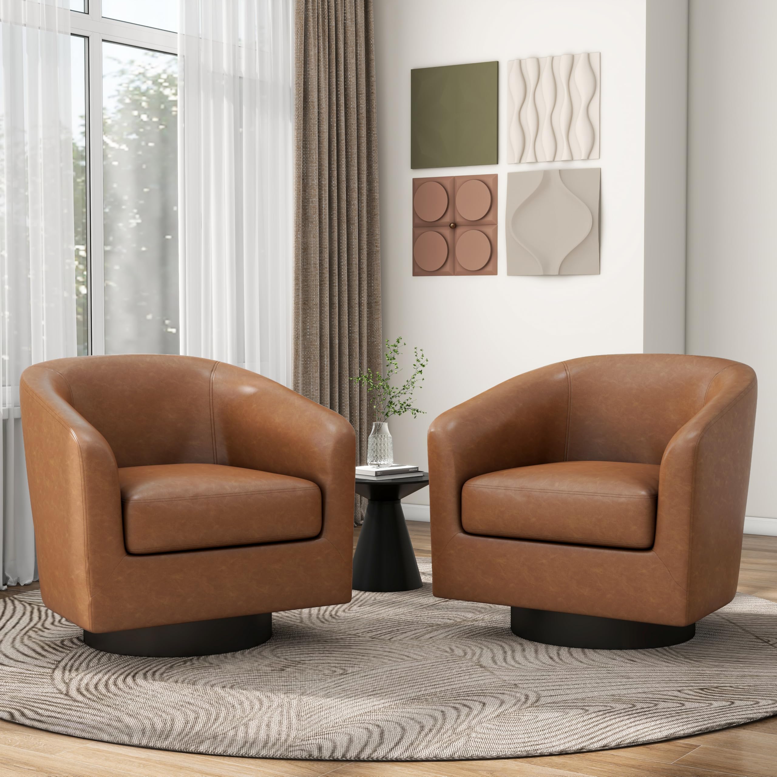 Pia Ricco Swivel Accent Chairs Set of 2, Faux Leather 360° Swivel Round Barrel Chair, Comfy Upholstered Fabric Single Sofa Club Armchair for Living