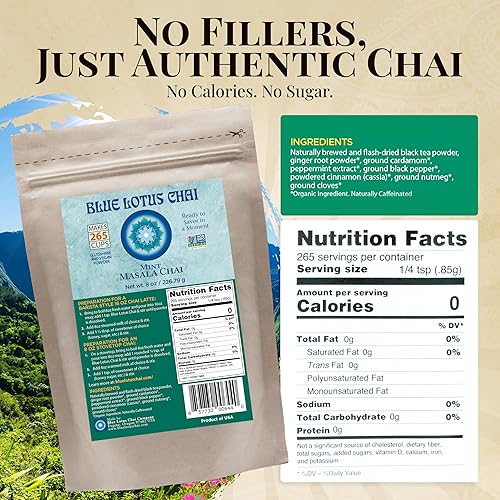 Miniatura 30 de Blue Lotus Chai - Mint Masala Chai - Hace 17 tazas - Bolsa de 0.5 oz Masala Chai en polvo con especias orgánicas - Té indio instantáneo sin remojo