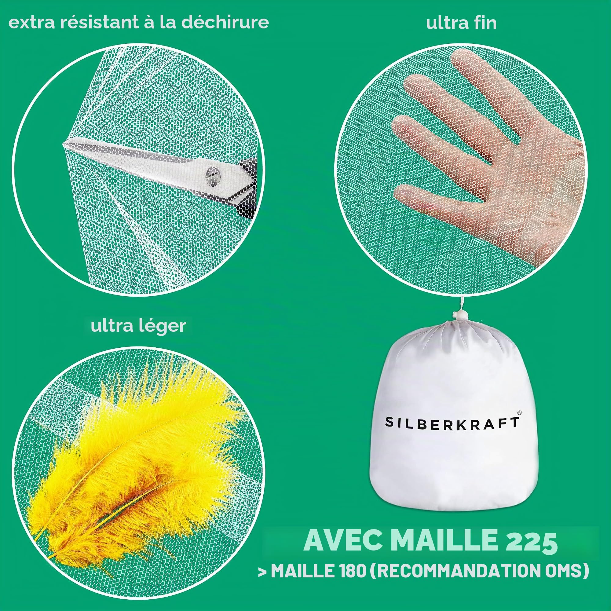 Silberkraft Moustiquaire de qualité supérieure avec crochets et chevilles, XXL pour lit double, moustiquaire pour voyage et à la maison, avec sac de transport