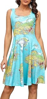 Womens Sleeveless Dress Casual Print Scoop Neck Sundress A Line Midi Dresses