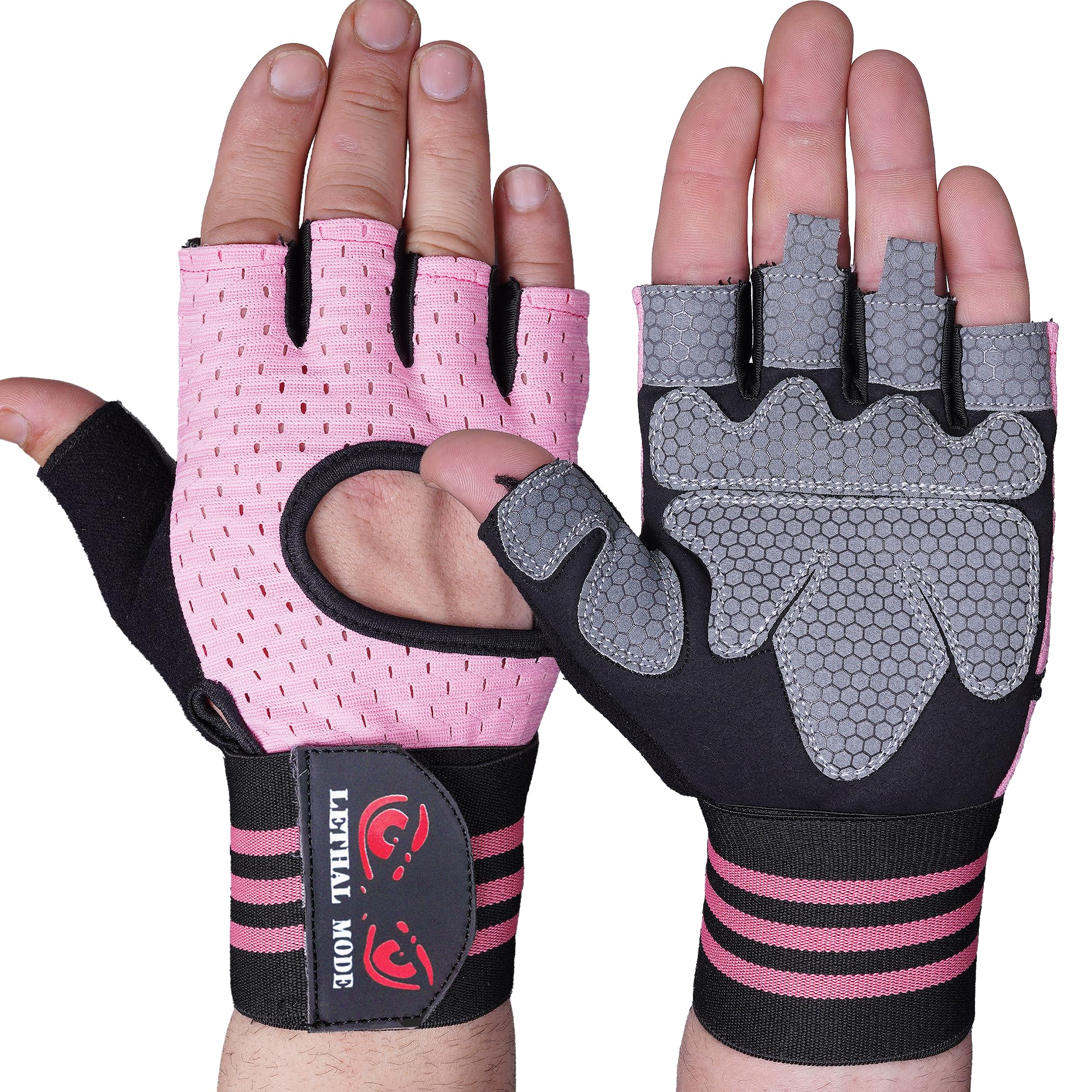 LETHAL MODE Gym Gloves for Men & Women – Weight Lifting, CrossFit, Workout & Cycling Gloves Long Wrist Wrap – Fingerless Grip Gloves Enhanced Performance and Hand Protection (Pink-Long Straps, S) — image 1
