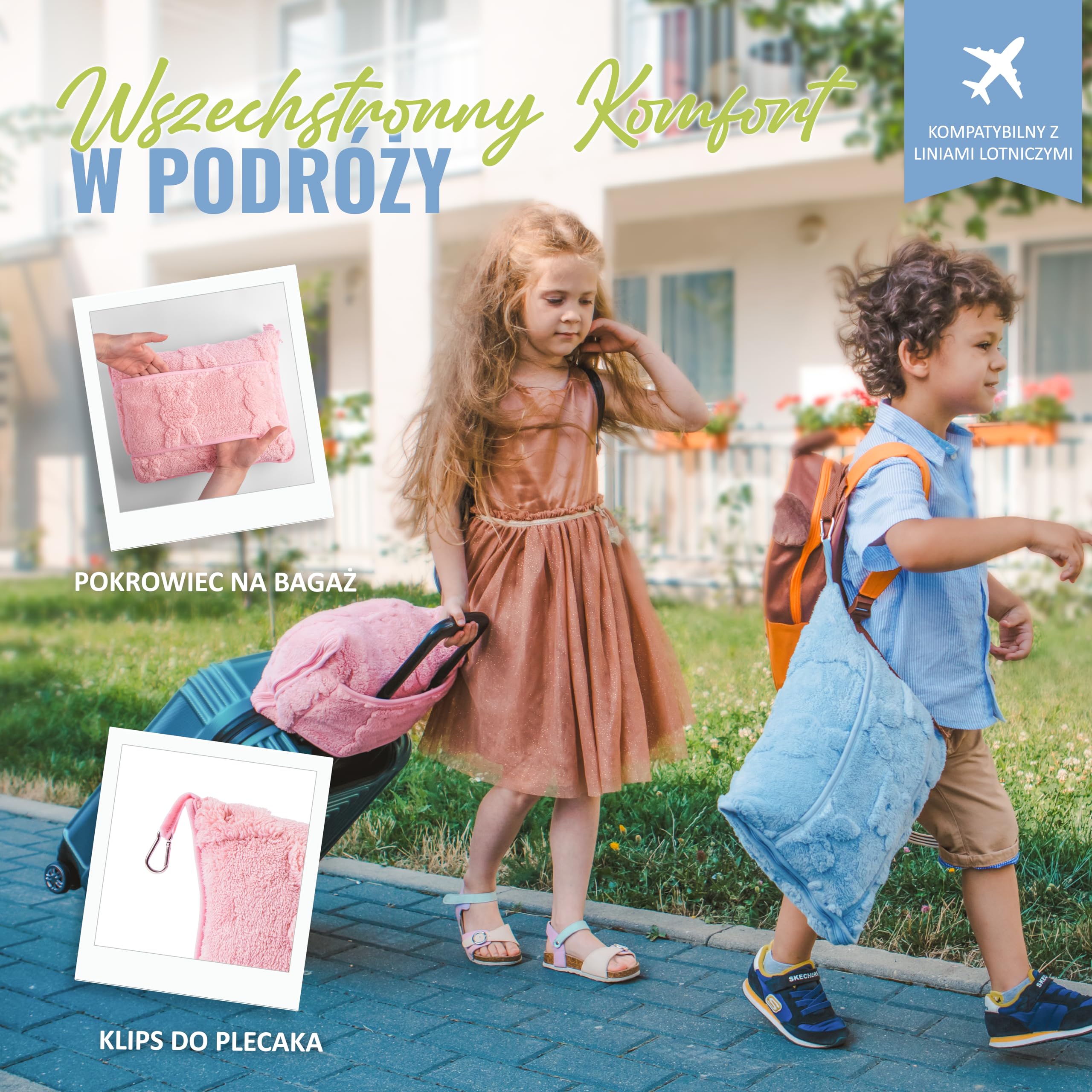 BOACAY Podróżna Kocówka Dla Maluchów do Użytku w Samolocie, Samochodzie - Miękki Koc na Rzucanie dla Dzieci na Opiekę Dziennej - Poduszka dla Dziewczynek, Chłopców z Klipem na Plecak, Rękaw na Bagaż