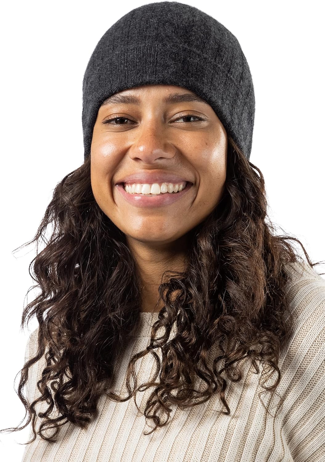 Fishers Finery Women's 100% Pure Cashmere Cable Knit Hat (Charcoal) - Image 2