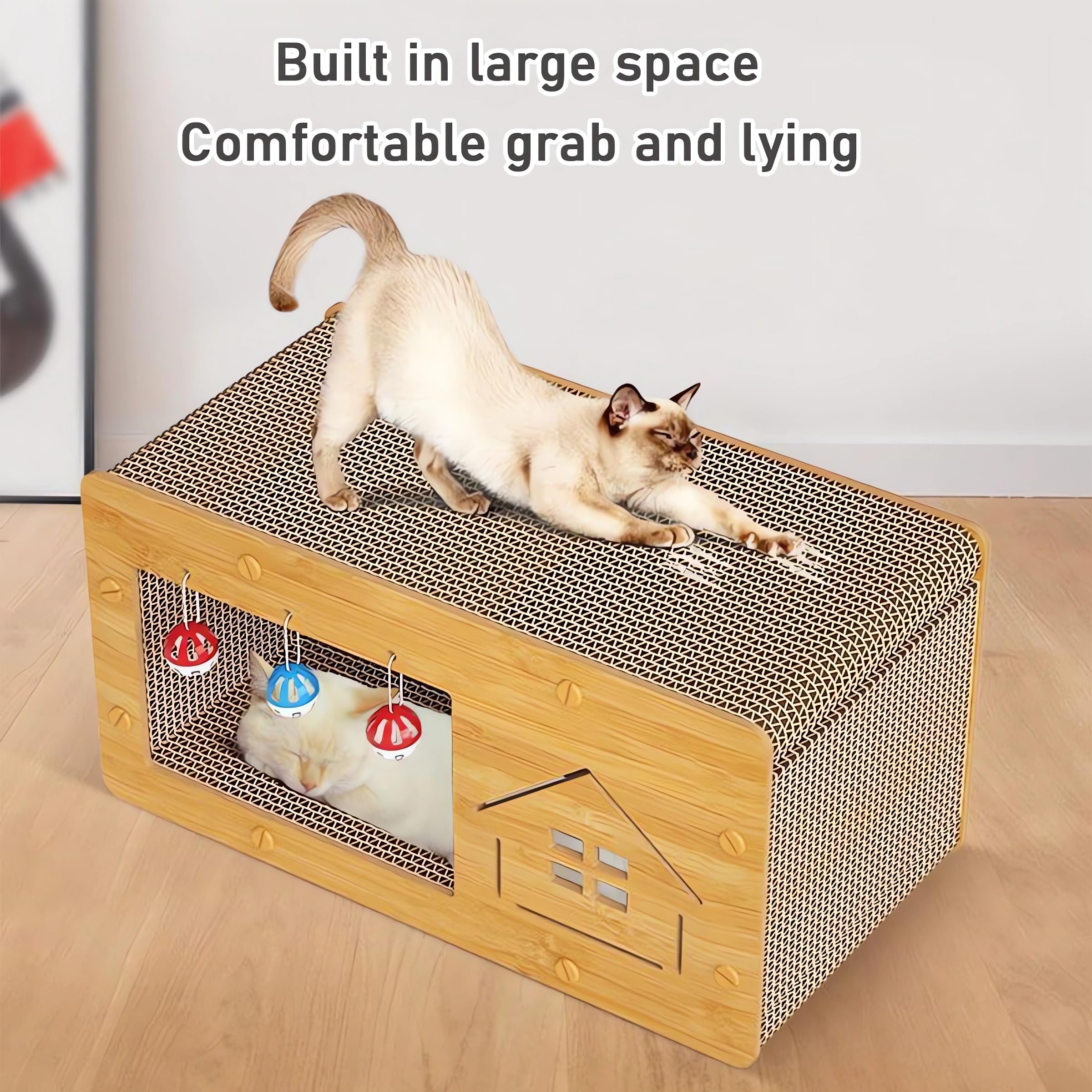 منزل خشبي وسرير للقطط، بتصميم فيلا كبيرة للحيوانات الأليفة مع وسادة من الورق المقوى للقطط مع جرس، ذاتي التجميع من اندهووم