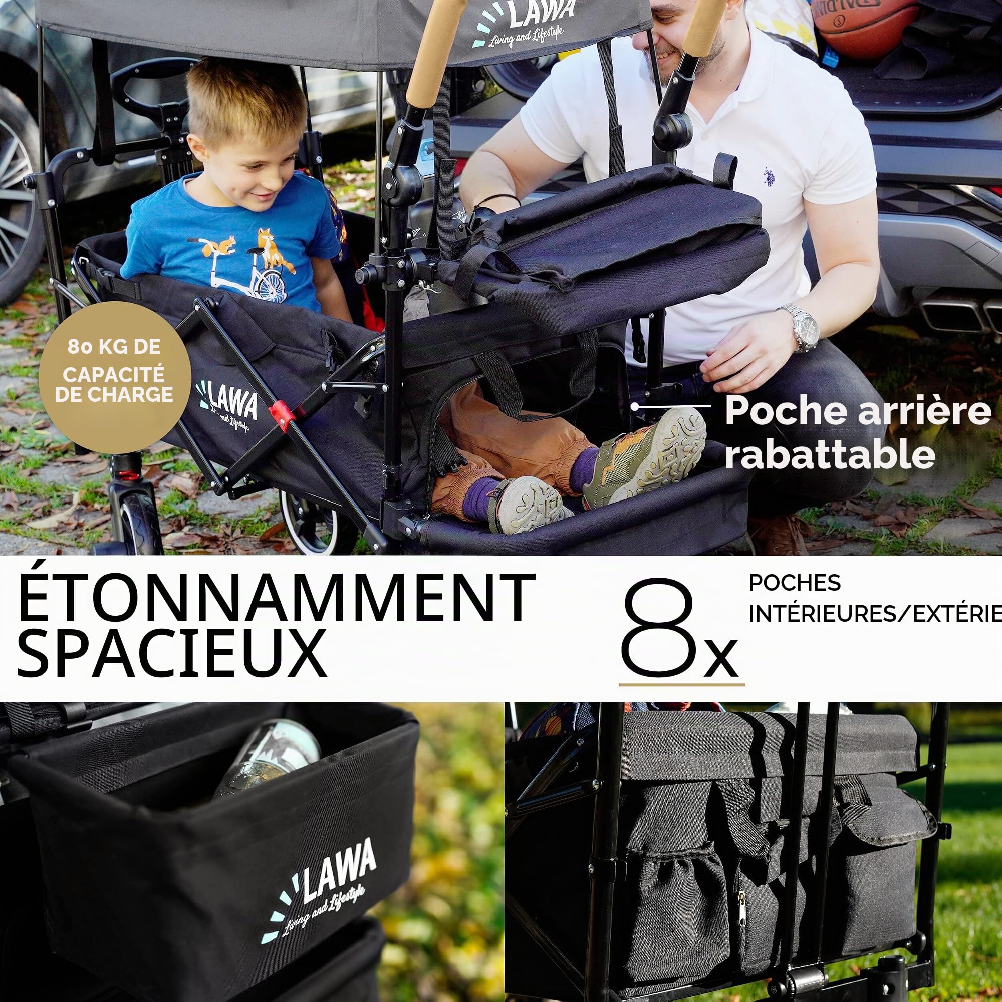 Chariot de Transport Pliable pour Enfants avec Toit, Protection Pluie & Insectes, Freins Avant/arrière, Suspension, Charge 80 kg, Noir/Bleu